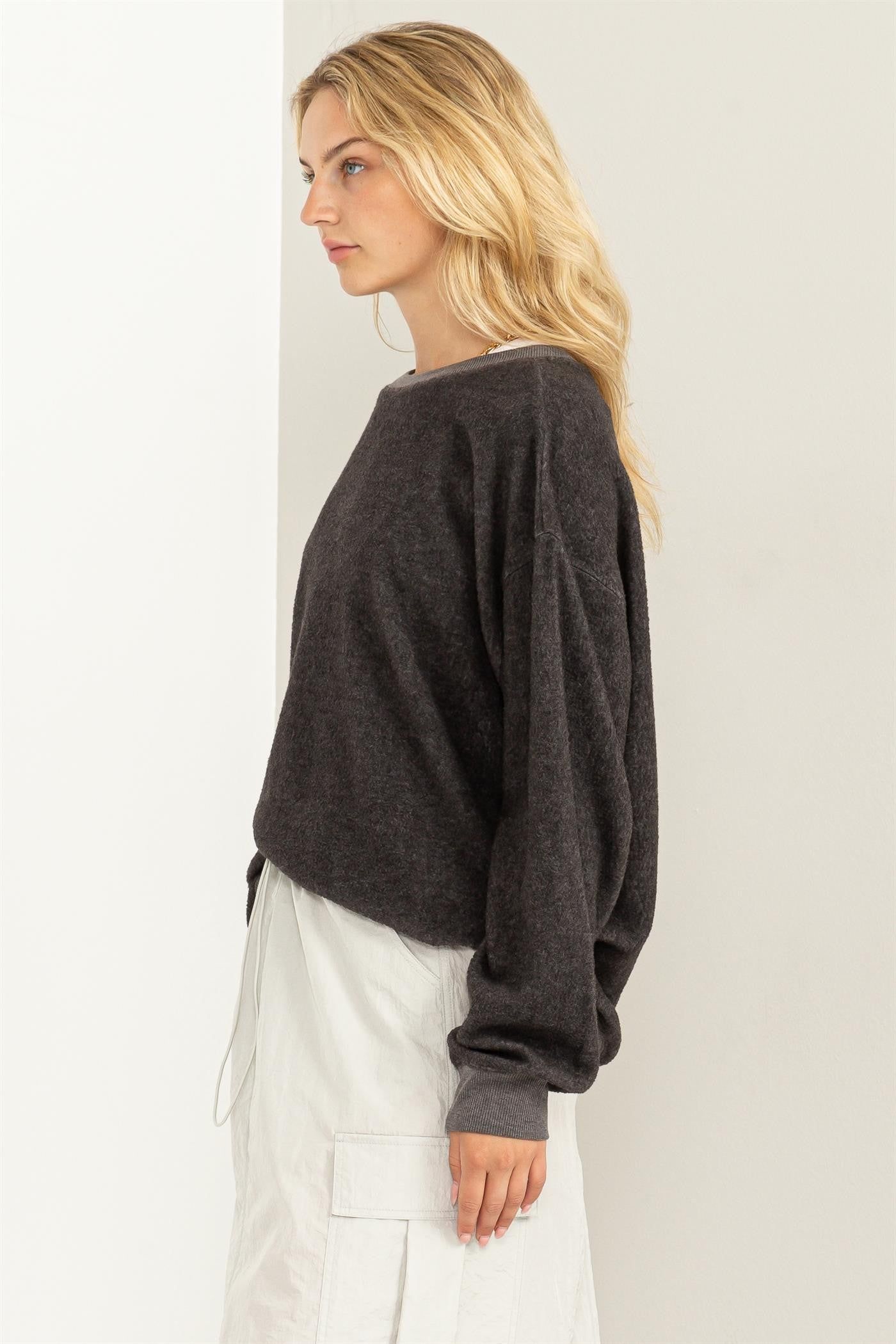 Charcoal Oversized Brushed Knit Long Sleeve Top sold by Pinkblush product image thumbnail 2