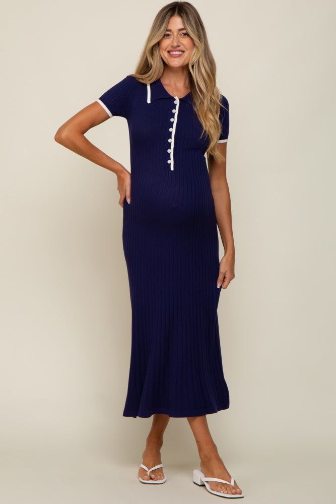 Navy Blue Collared Knit Maternity Midi Dress sold by Pinkblush product image thumbnail 4
