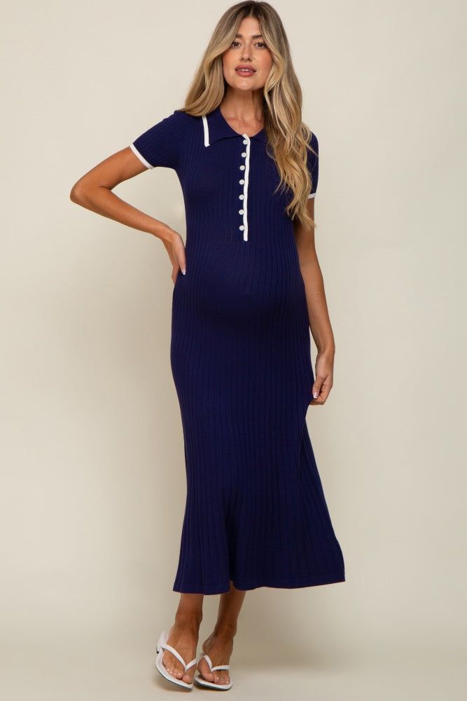 Navy Blue Collared Knit Maternity Midi Dress sold by Pinkblush