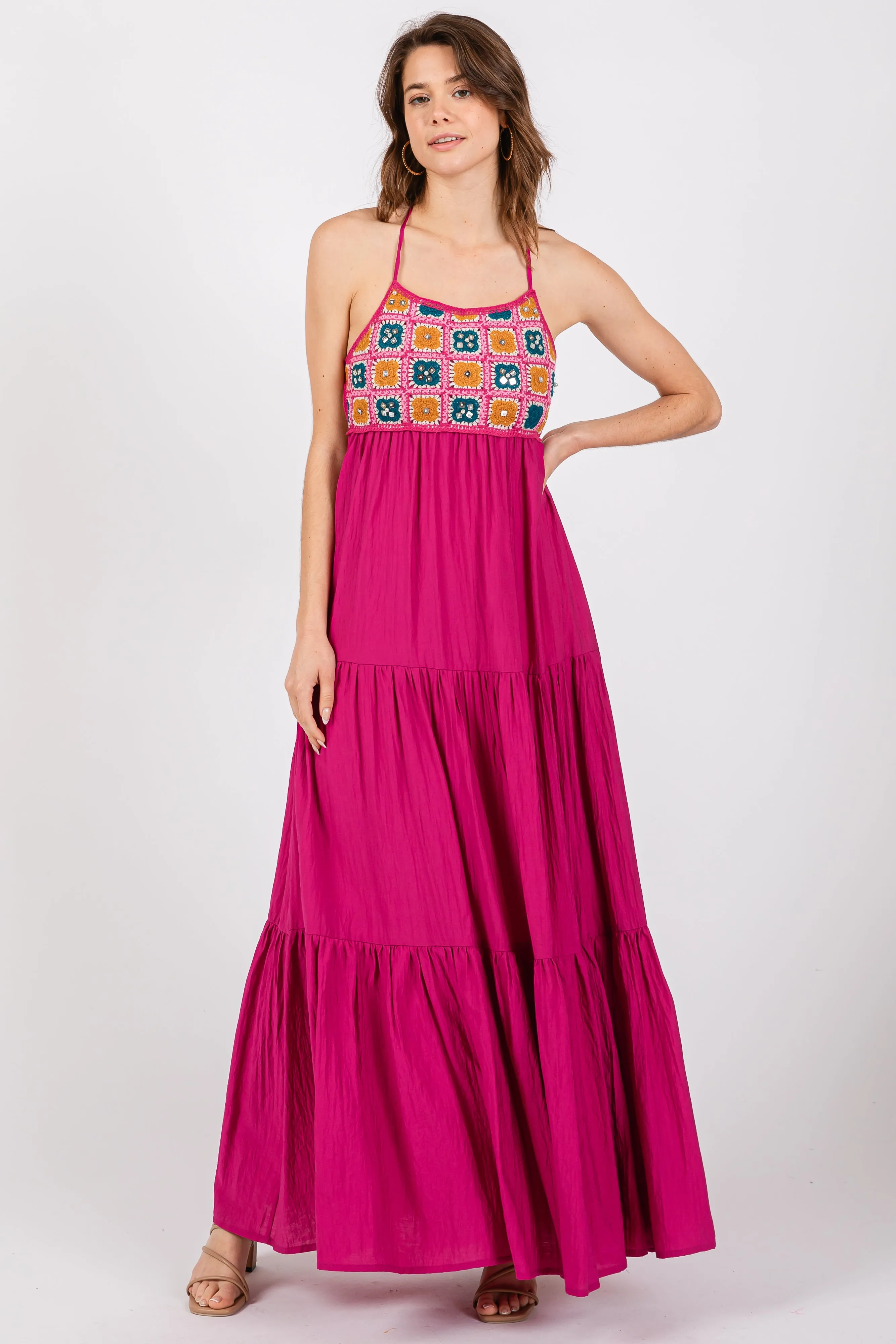 Magenta Crochet Cutout Halter Maternity Maxi Dress sold by Pinkblush product image thumbnail 5