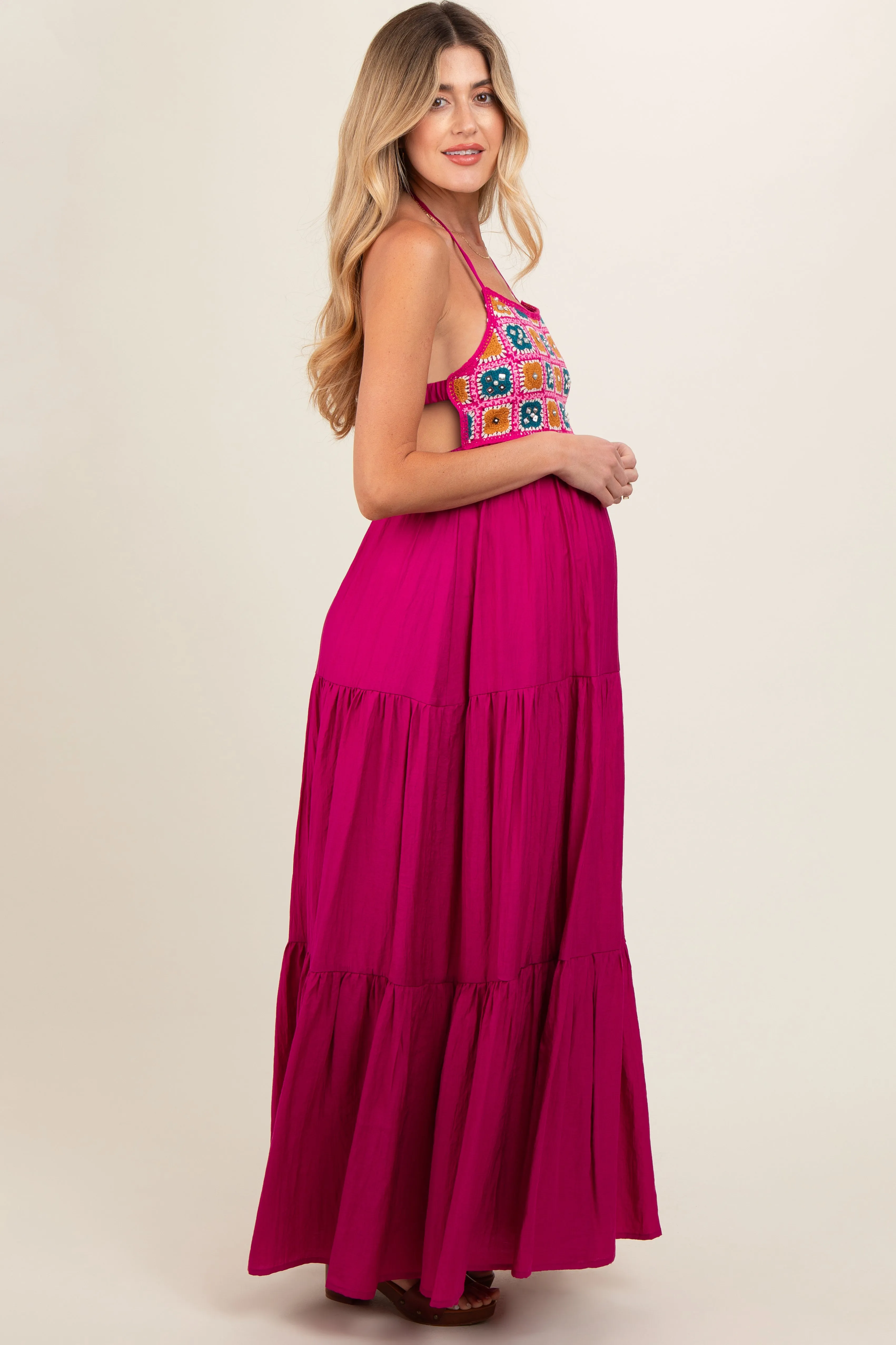 Magenta Crochet Cutout Halter Maternity Maxi Dress sold by Pinkblush product image thumbnail 3