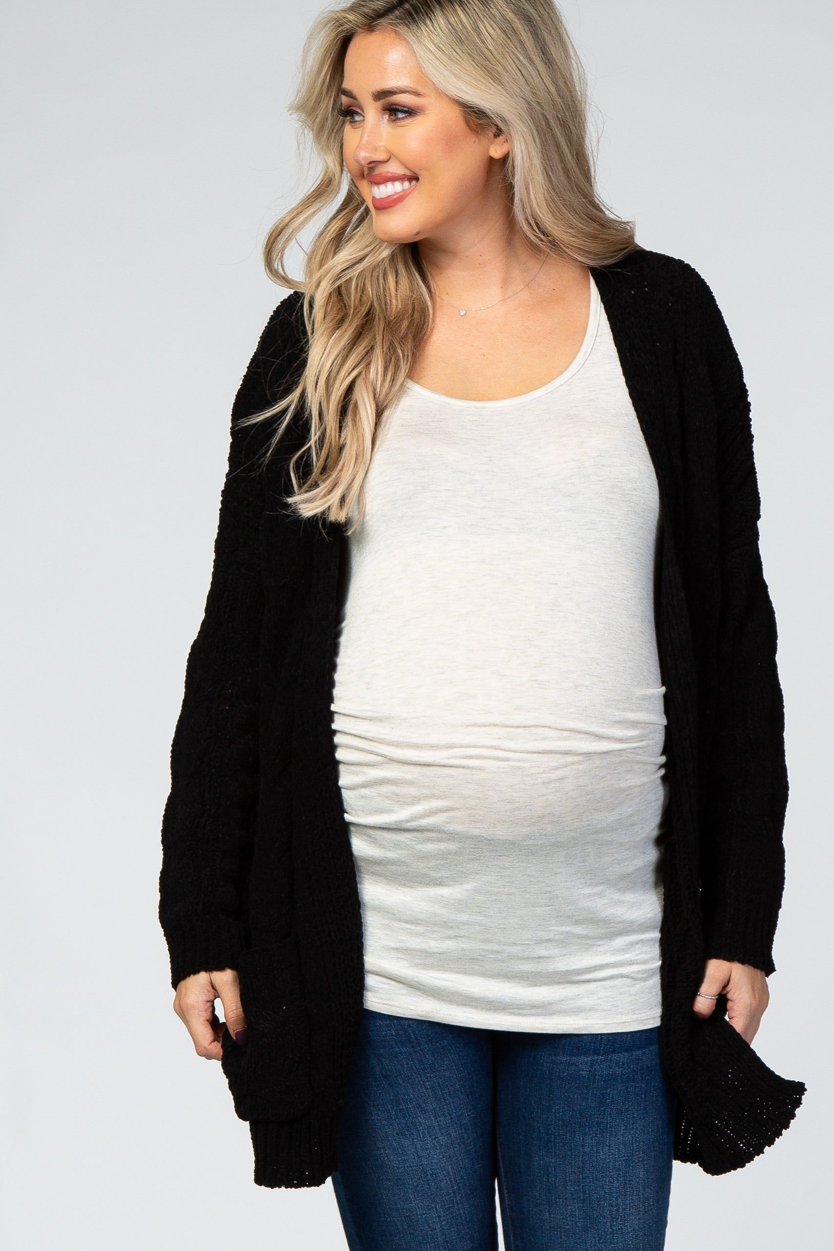 Black Cable Knit Maternity Cardigan sold by Pinkblush