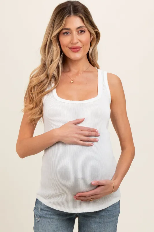 White Sleeveless Ribbed Square Neck Maternity Top sold by Pinkblush