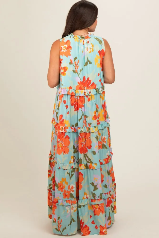 Light Blue Floral Sleeveless Ruffle Tiered Maternity Maxi Dress sold by Pinkblush product image thumbnail 4