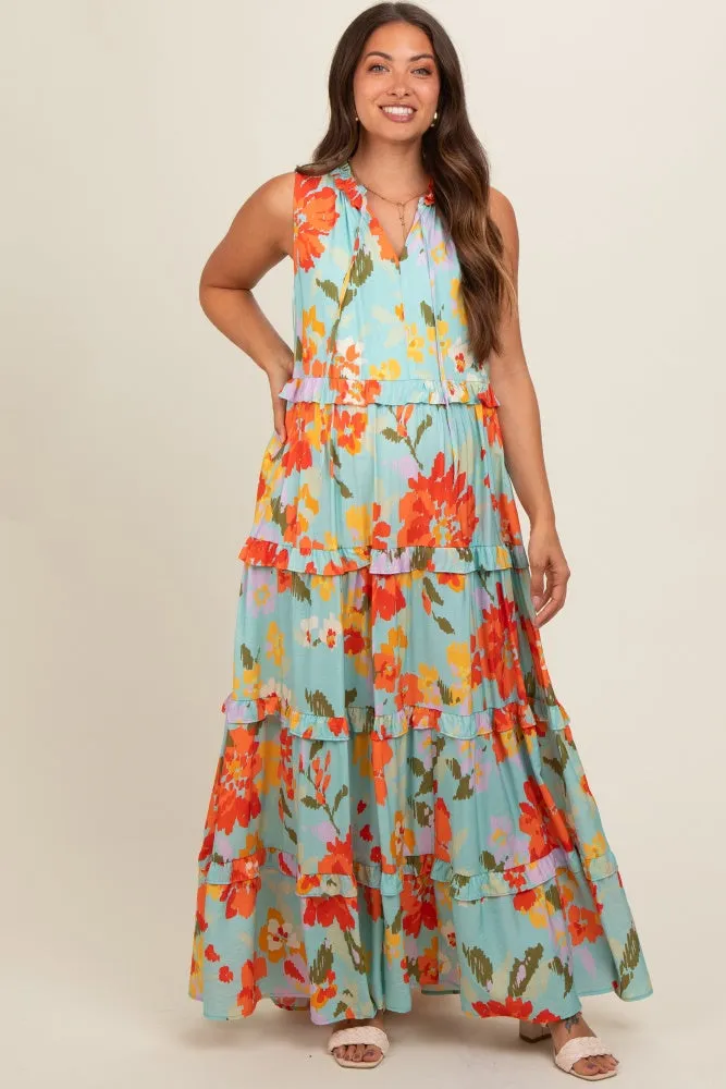 Light Blue Floral Sleeveless Ruffle Tiered Maternity Maxi Dress sold by Pinkblush