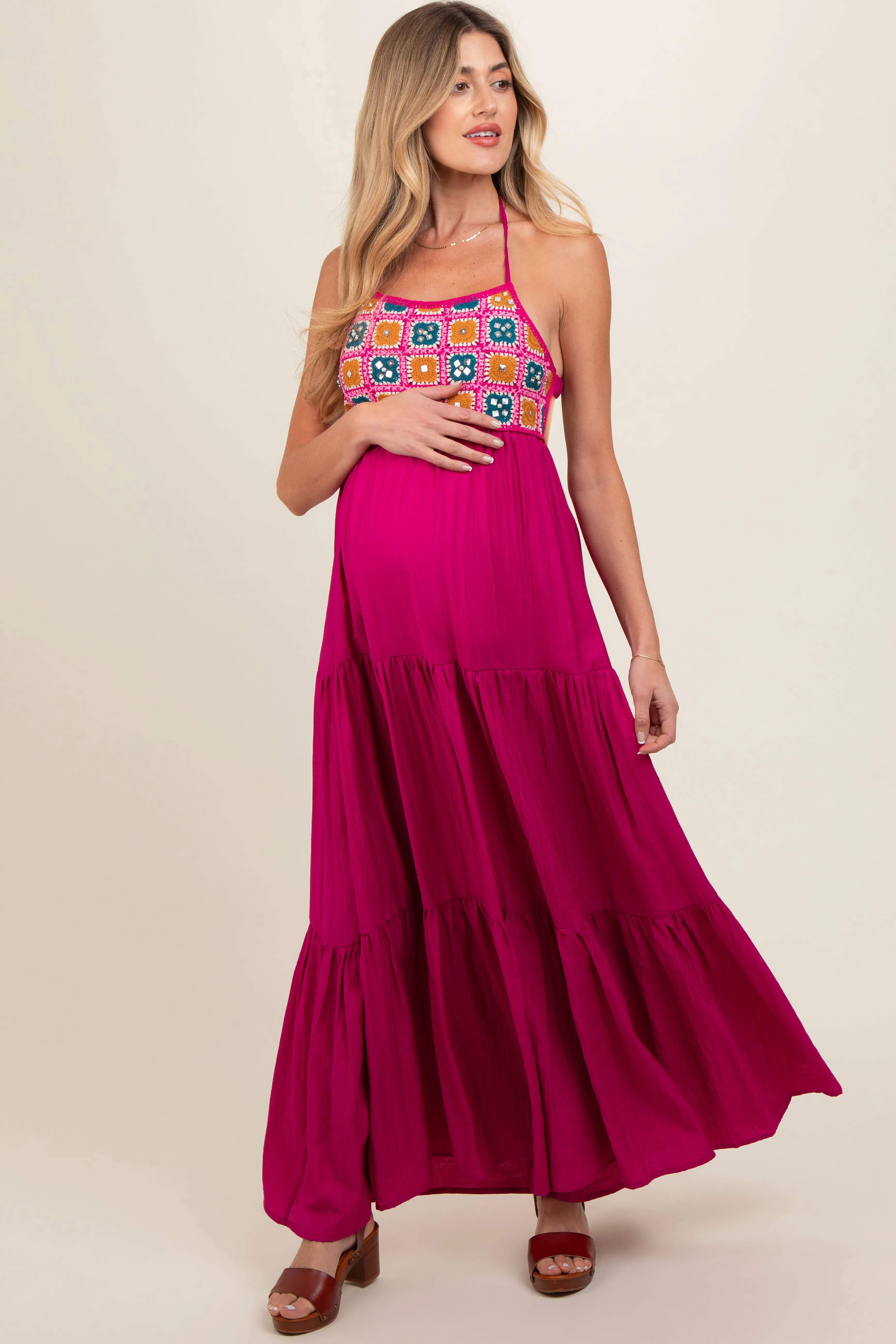 Magenta Crochet Cutout Halter Maternity Maxi Dress sold by Pinkblush