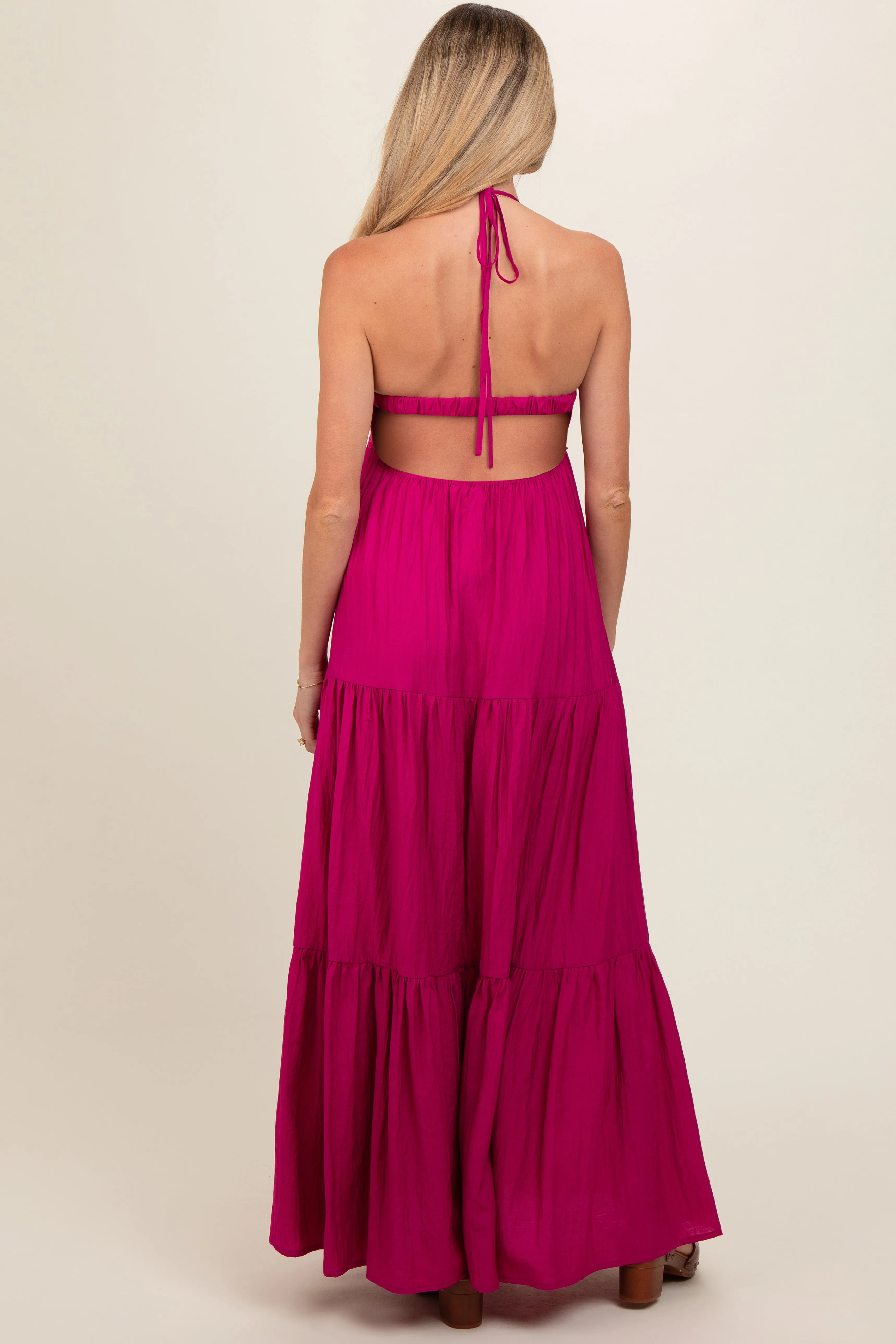 Magenta Crochet Cutout Halter Maternity Maxi Dress sold by Pinkblush product image thumbnail 4