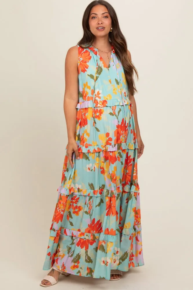 Light Blue Floral Sleeveless Ruffle Tiered Maternity Maxi Dress sold by Pinkblush product image thumbnail 2