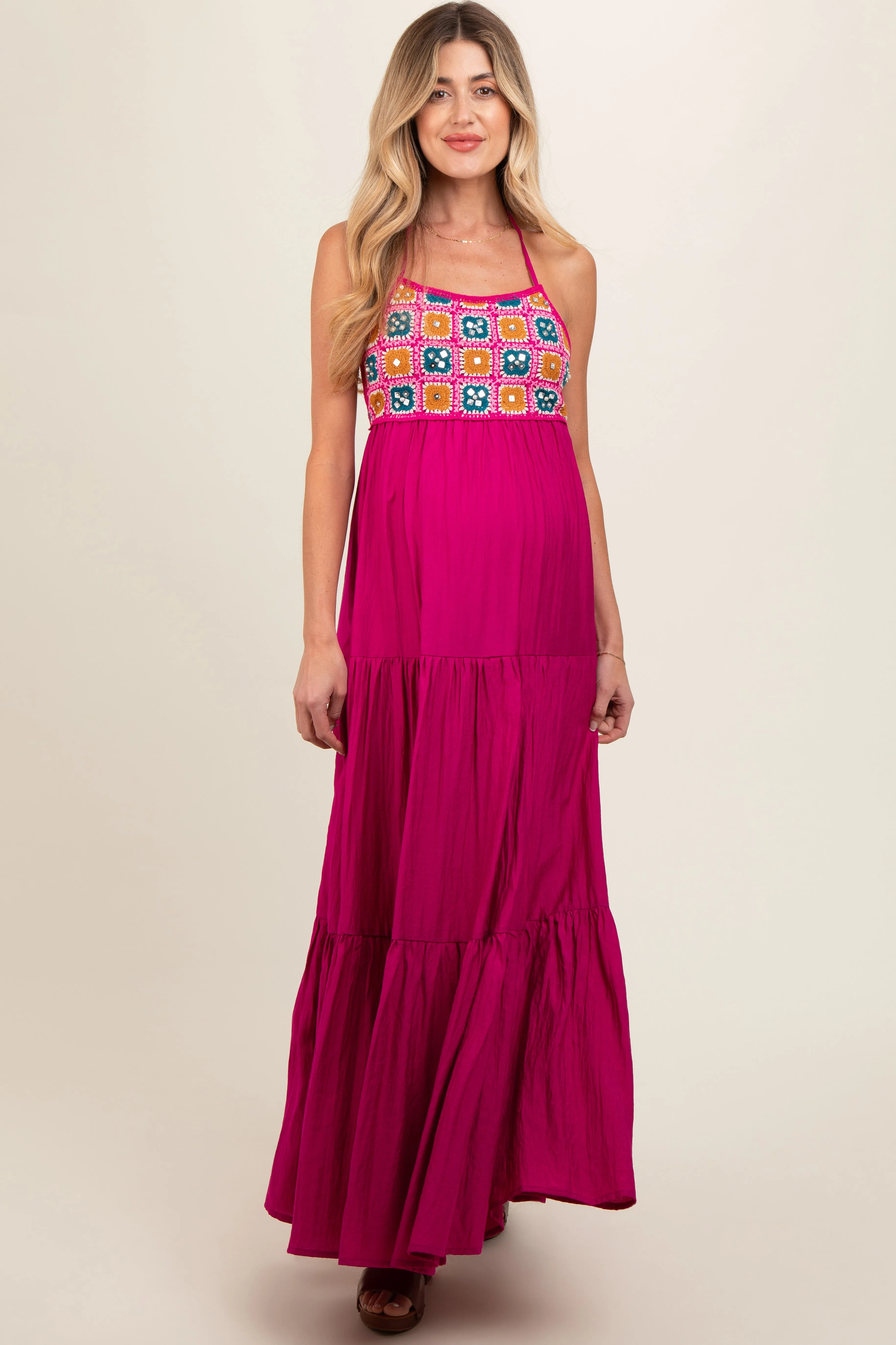 Magenta Crochet Cutout Halter Maternity Maxi Dress sold by Pinkblush product image thumbnail 2