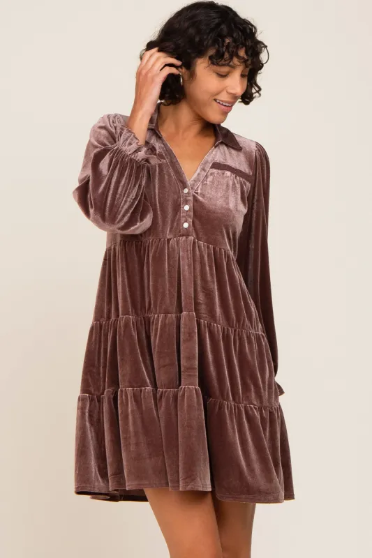 Brown Velvet Long Sleeve Tiered Collared Dress sold by Pinkblush
