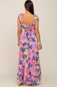 Pink Floral Ruffle Back Tie Maternity Maxi Dress sold by Pinkblush