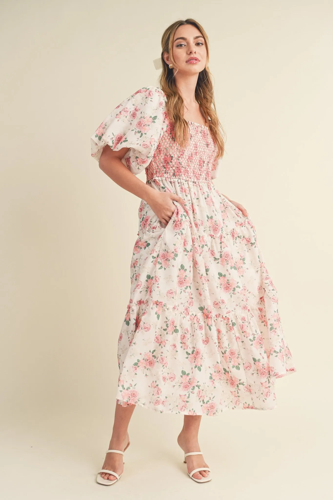 Pink Floral Smocked Puff Sleeve Maternity Midi Dress sold by Pinkblush product image thumbnail 4