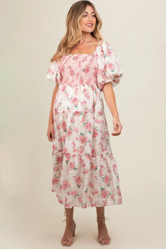 Pink Floral Smocked Puff Sleeve Maternity Midi Dress sold by Pinkblush