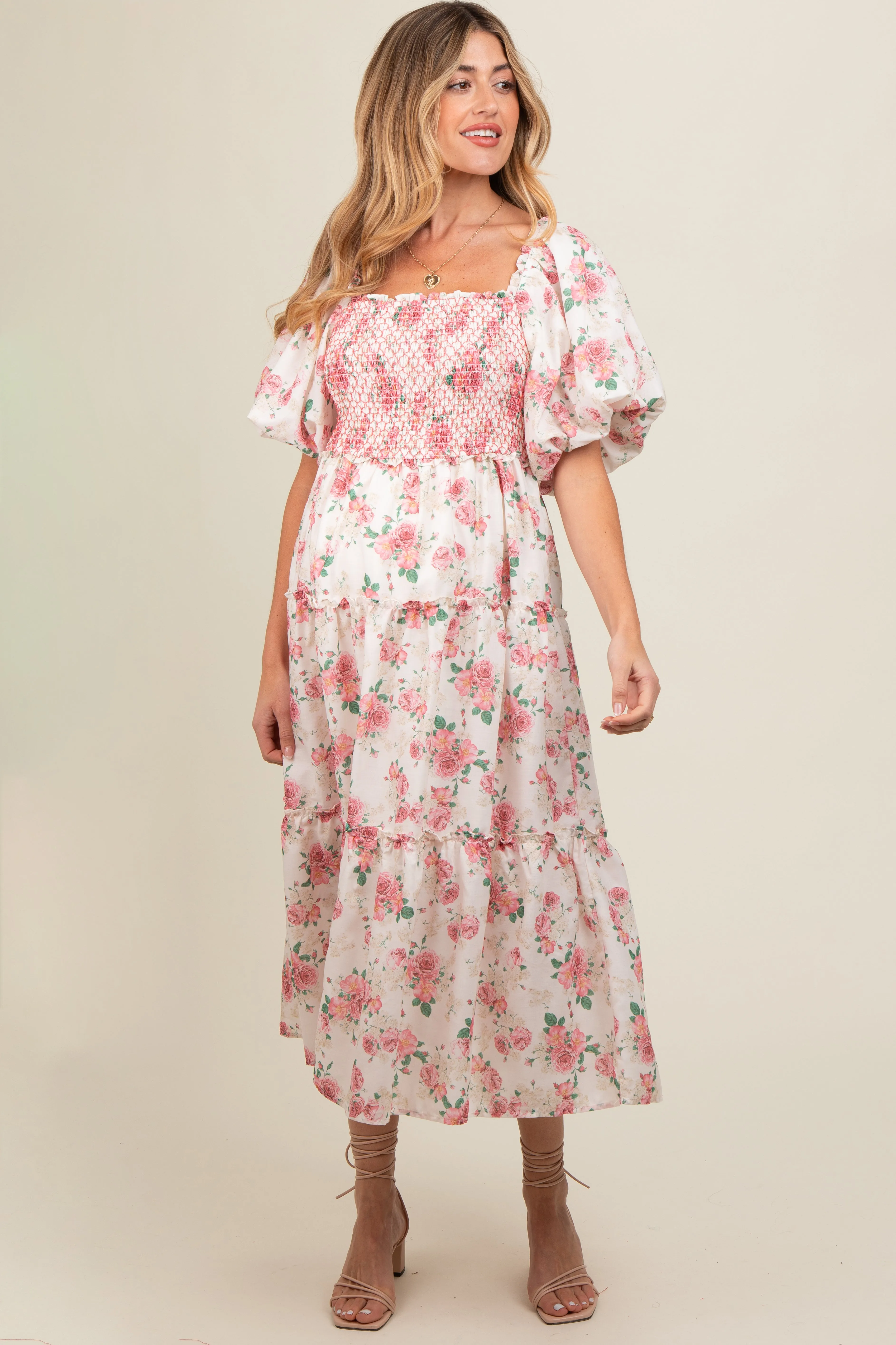 Pink Floral Smocked Puff Sleeve Maternity Midi Dress sold by Pinkblush
