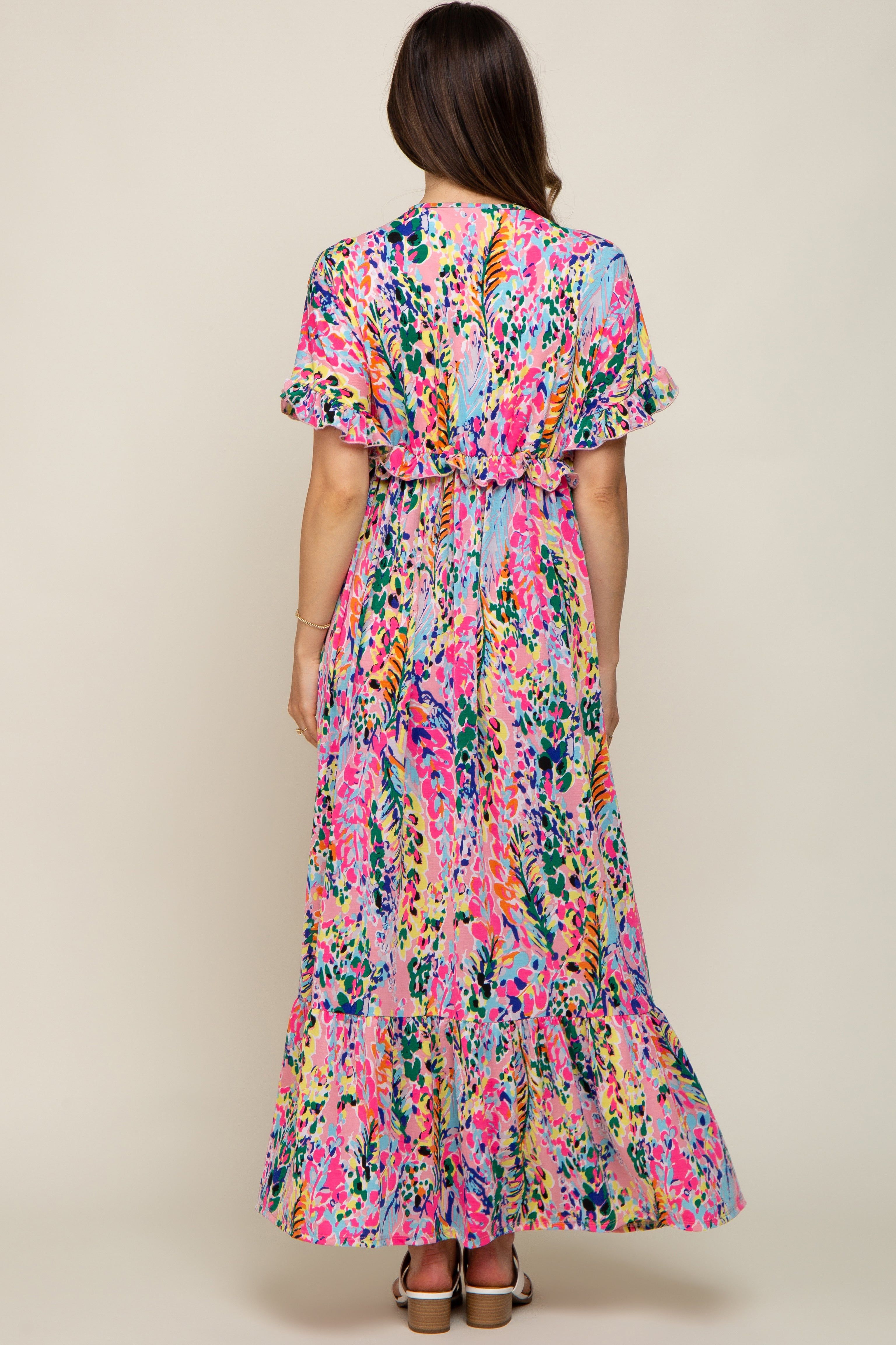 Pink Multi-Color Floral Ruffle Maternity Maxi Dress sold by Pinkblush product image thumbnail 3