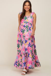 Pink Floral Ruffle Back Tie Maternity Maxi Dress sold by Pinkblush