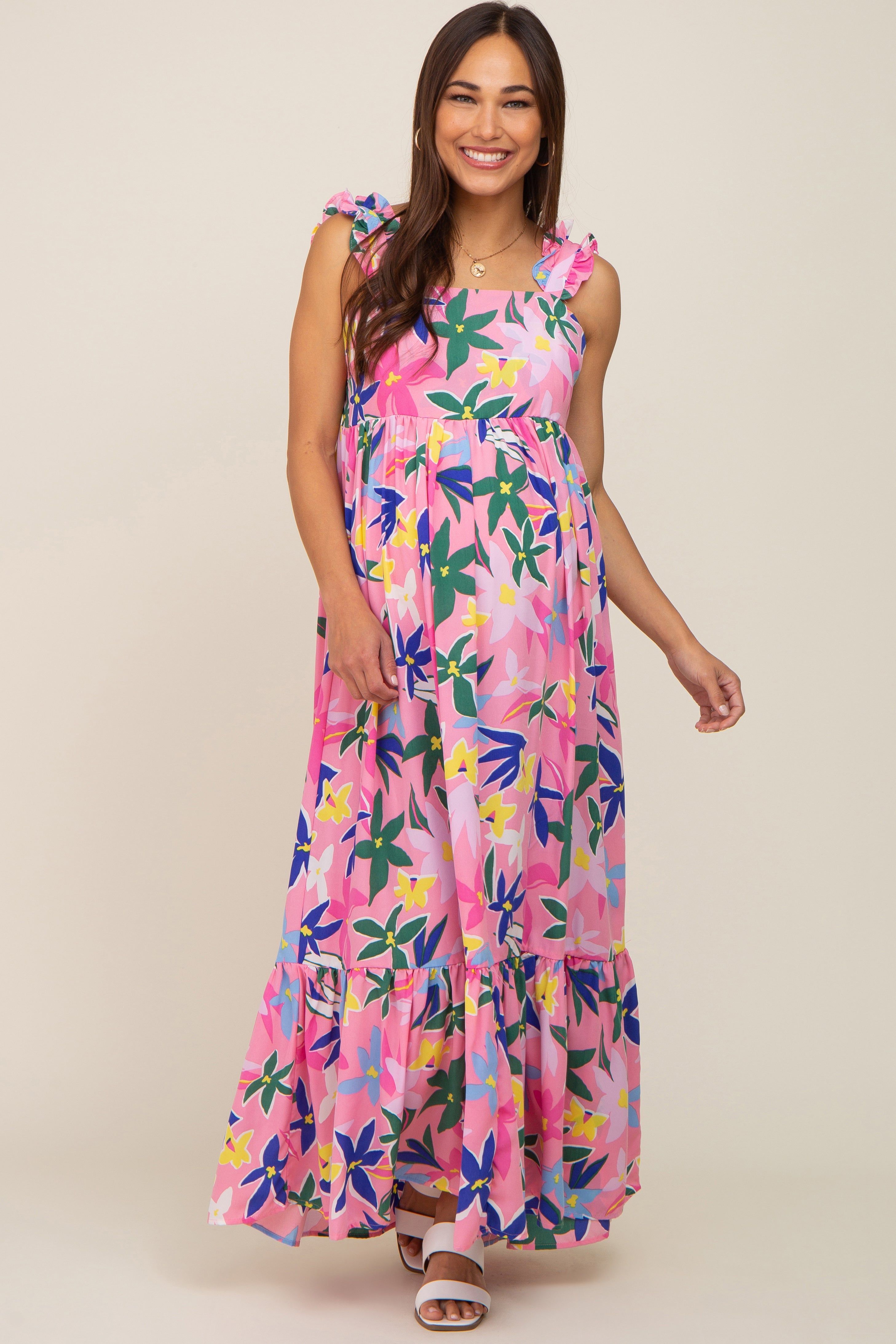 Pink Floral Ruffle Back Tie Maternity Maxi Dress sold by Pinkblush