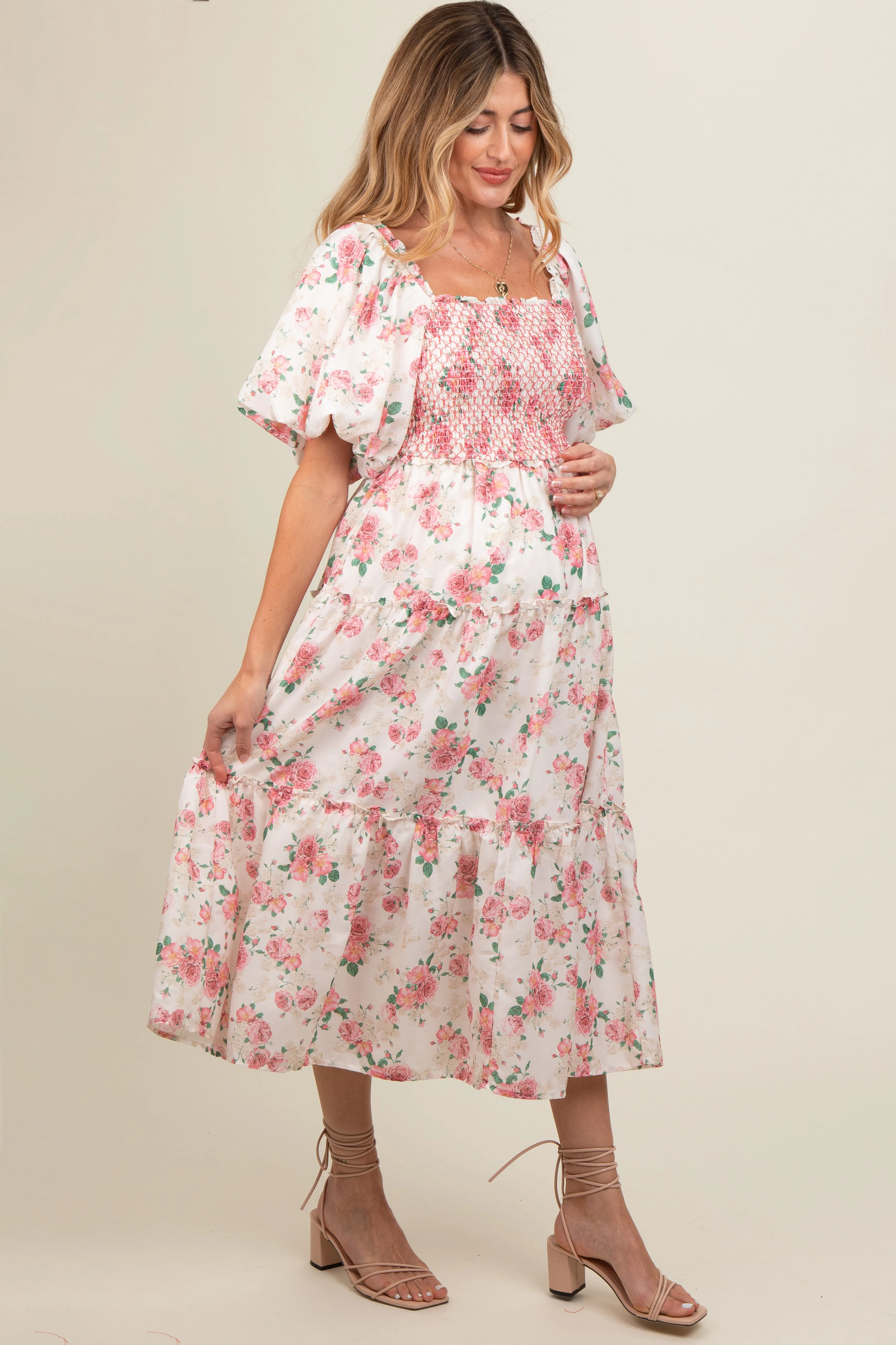 Pink Floral Smocked Puff Sleeve Maternity Midi Dress sold by Pinkblush product image thumbnail 2