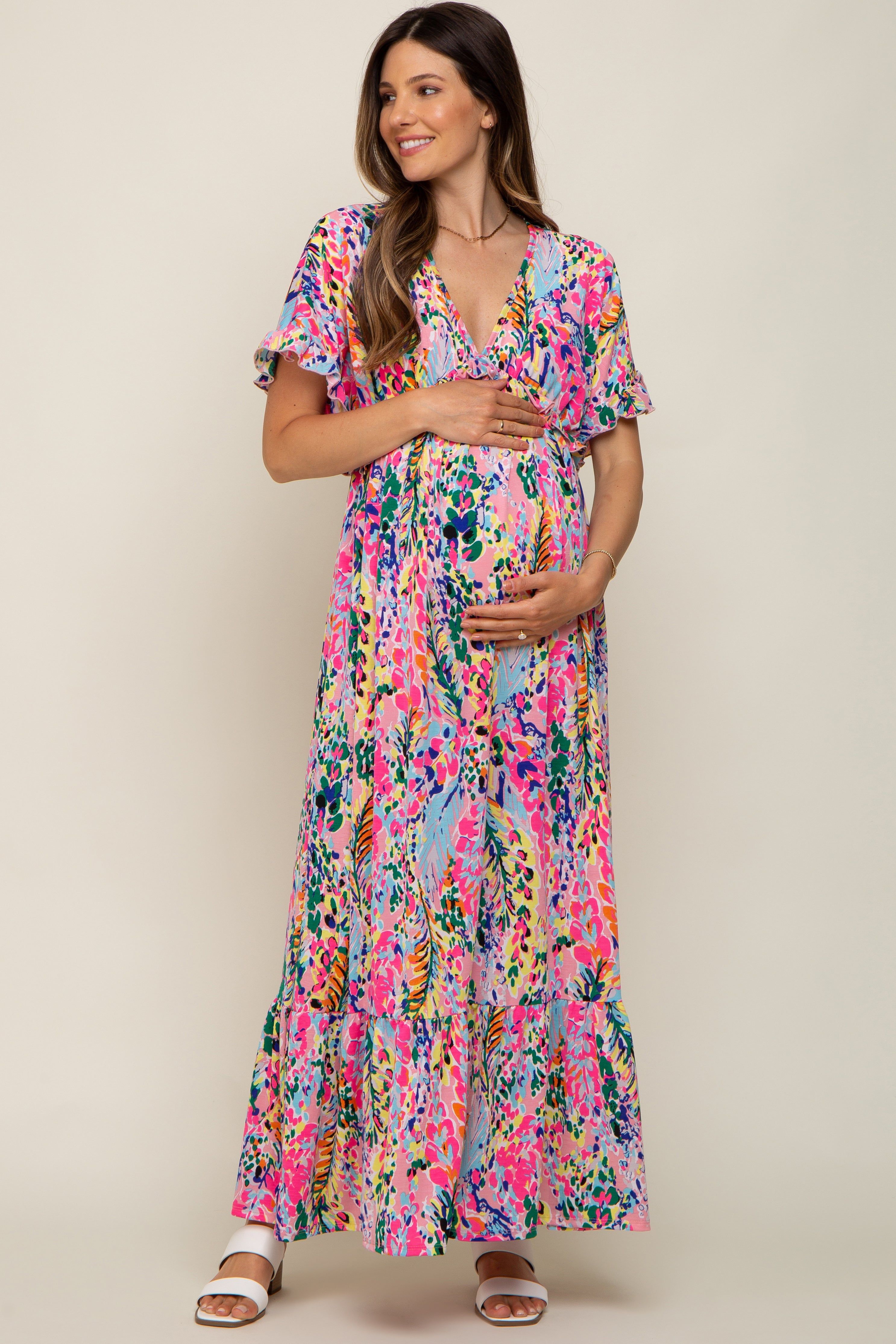Pink Multi-Color Floral Ruffle Maternity Maxi Dress sold by Pinkblush product image thumbnail 4