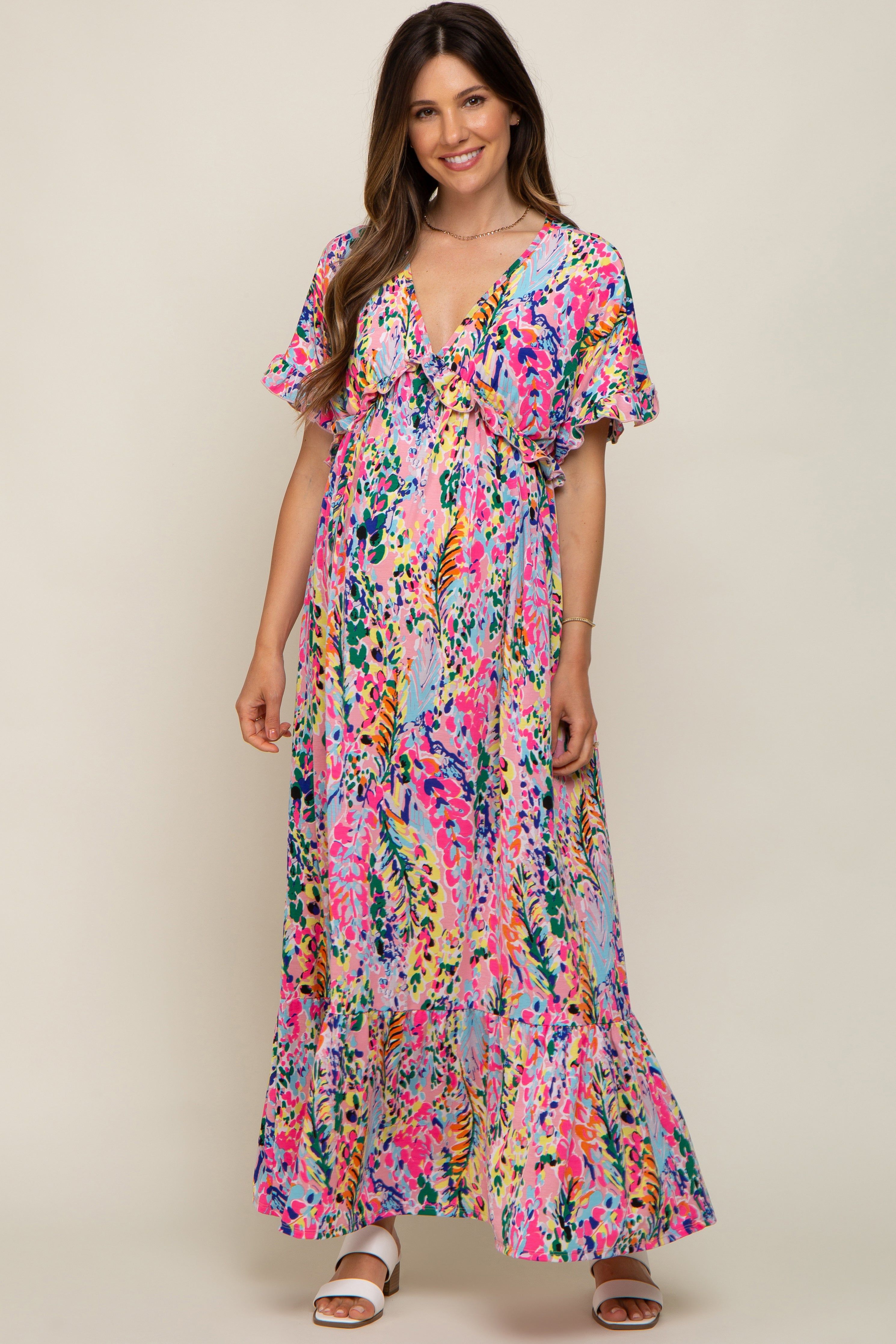 Pink Multi-Color Floral Ruffle Maternity Maxi Dress sold by Pinkblush