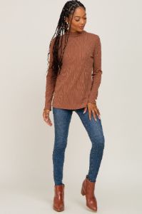 Camel Ribbed Long Sleeve Mock Neck Top sold by Pinkblush
