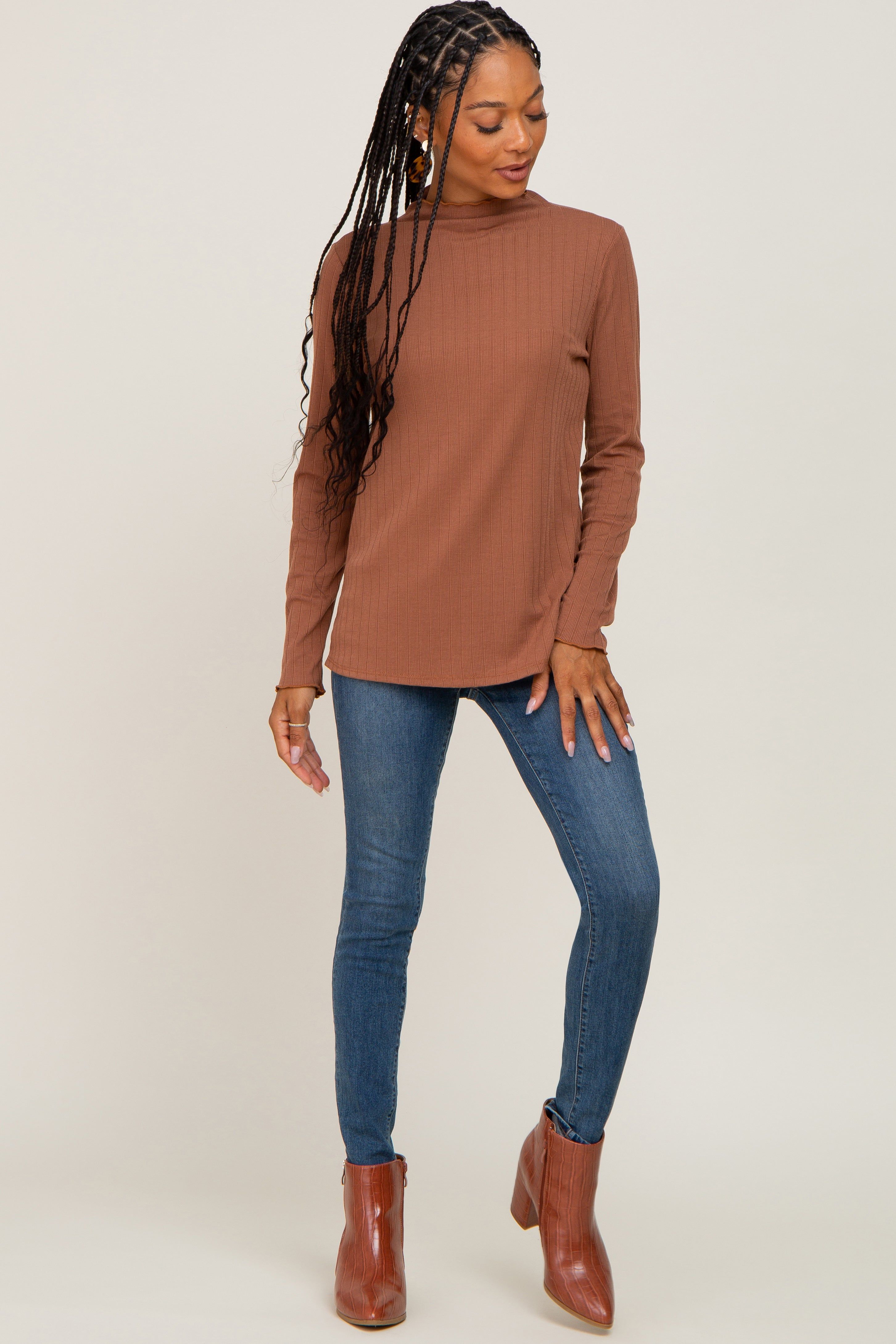 Camel Ribbed Long Sleeve Mock Neck Top sold by Pinkblush product image thumbnail 4