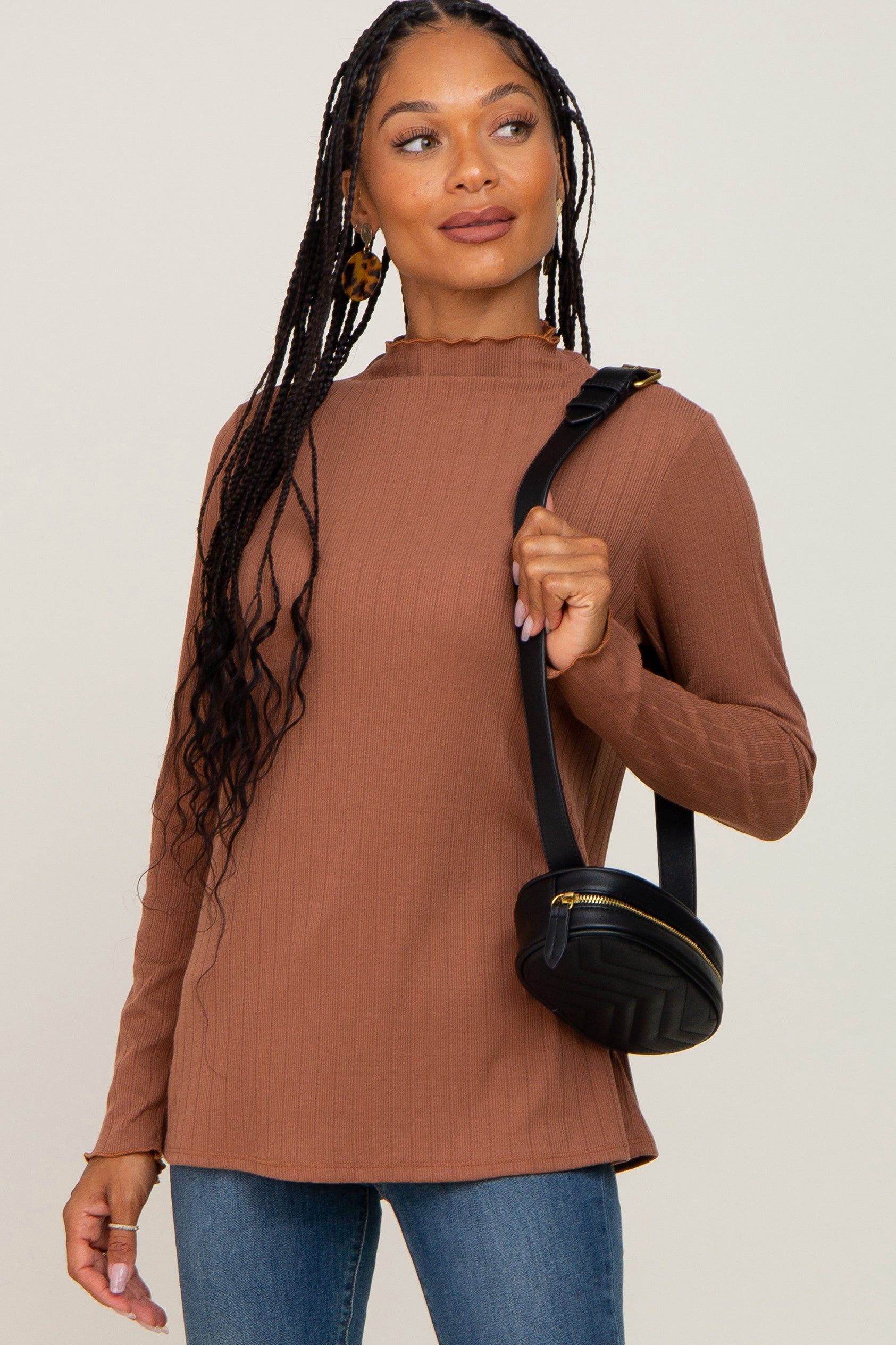 Camel Ribbed Long Sleeve Mock Neck Top sold by Pinkblush