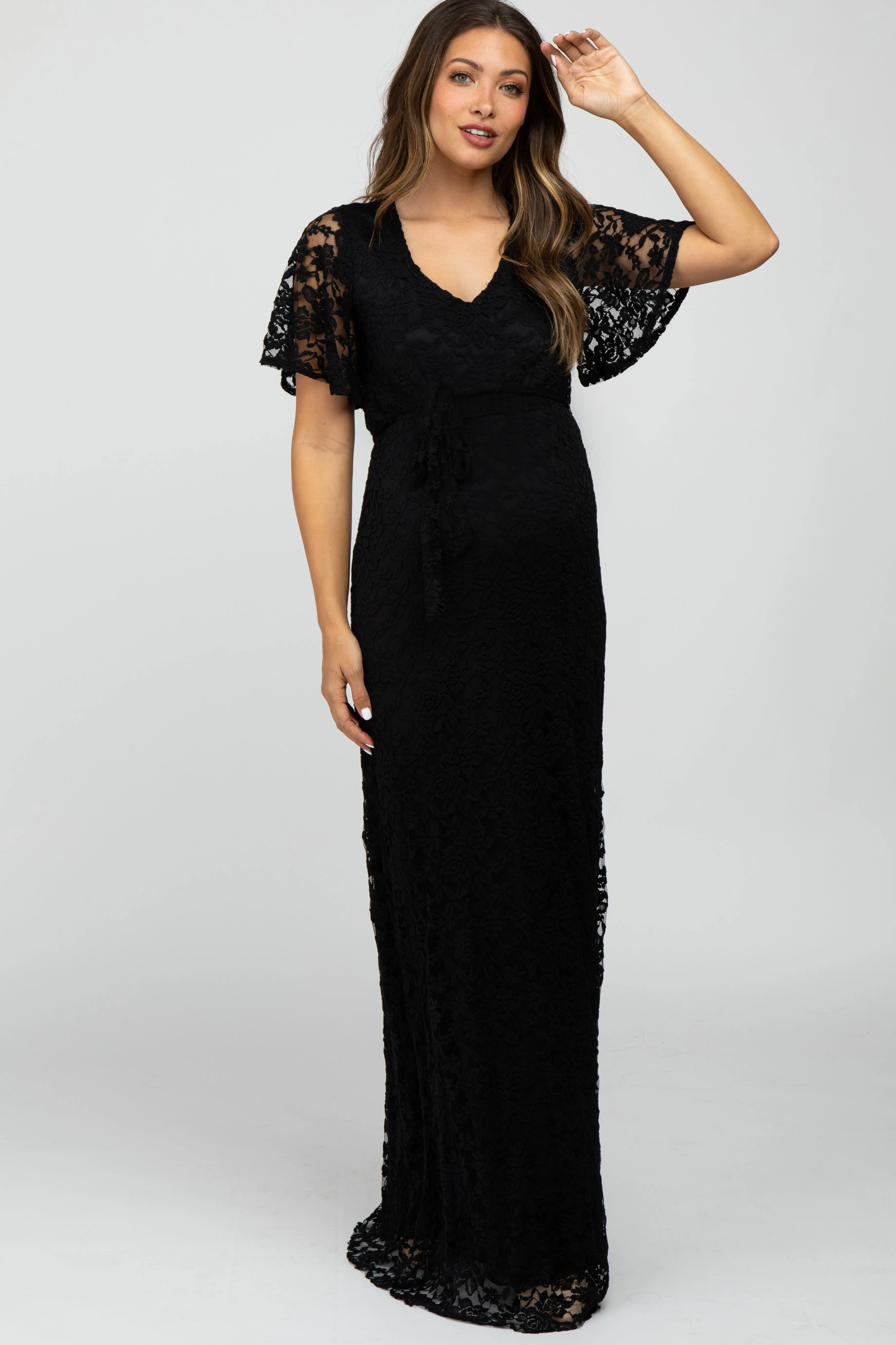 Black Lace Front Tie Maternity Maxi Dress sold by Pinkblush