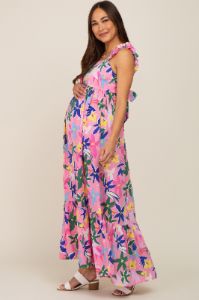 Pink Floral Ruffle Back Tie Maternity Maxi Dress sold by Pinkblush