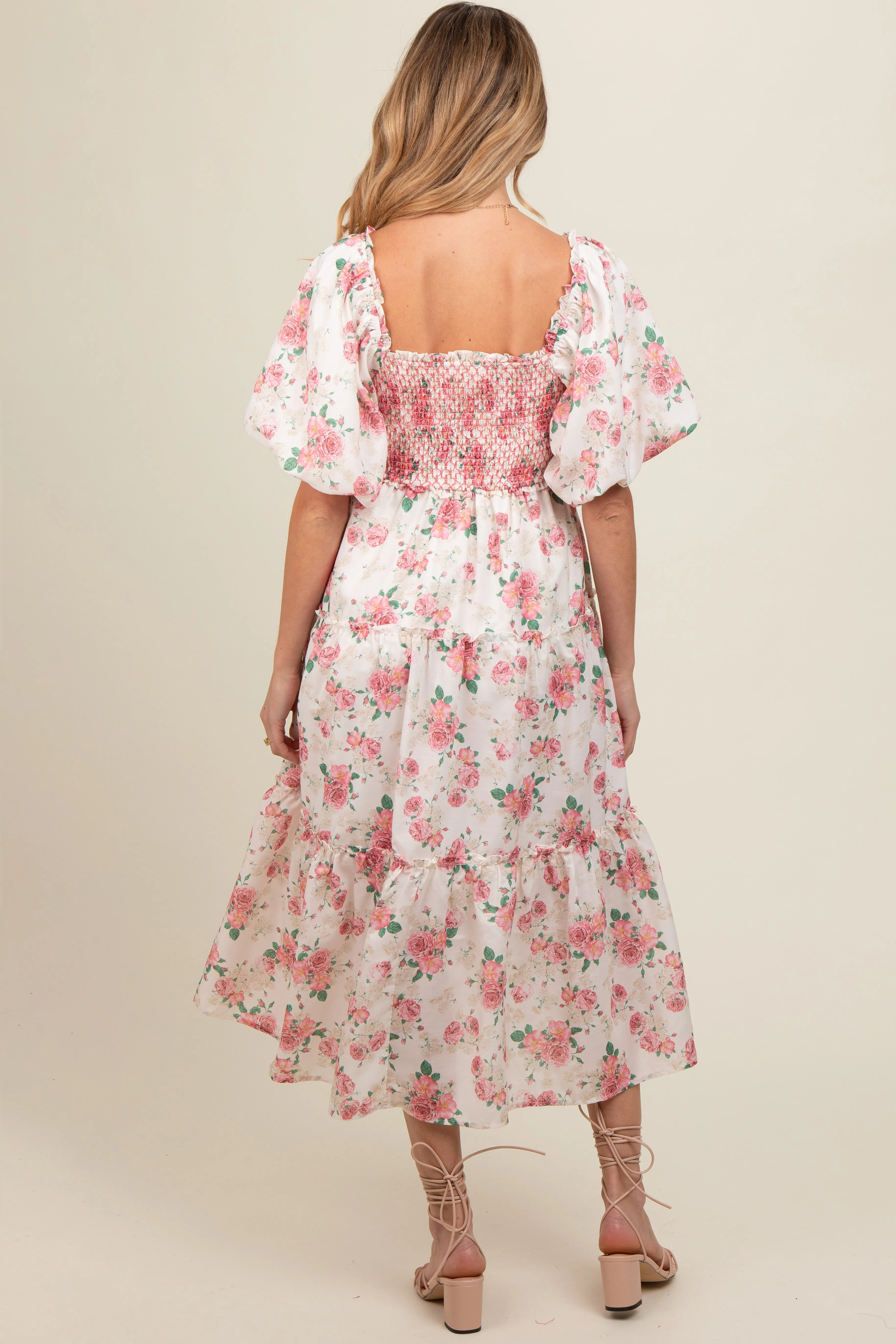 Pink Floral Smocked Puff Sleeve Maternity Midi Dress sold by Pinkblush product image thumbnail 3