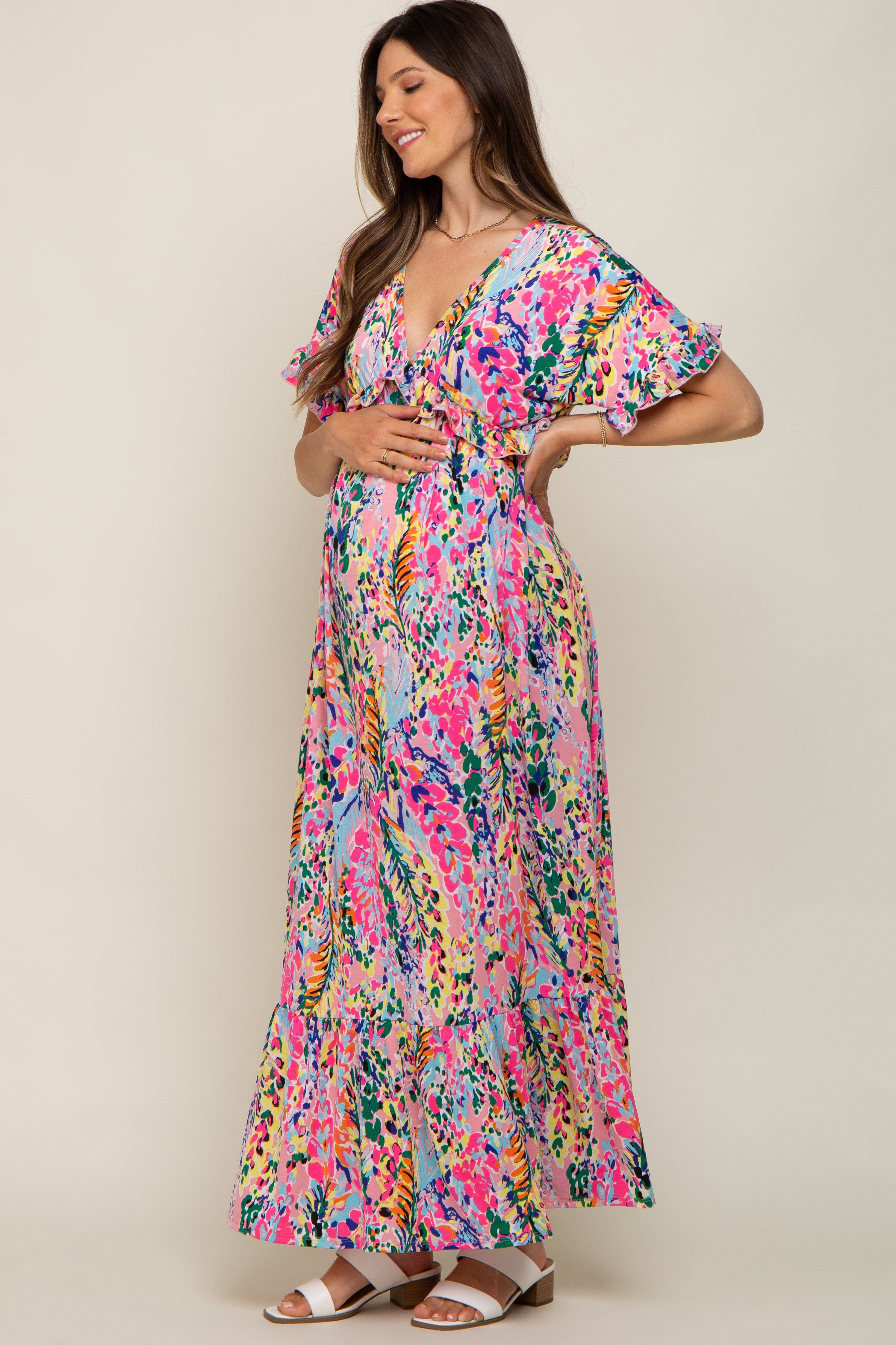 Pink Multi-Color Floral Ruffle Maternity Maxi Dress sold by Pinkblush product image thumbnail 2
