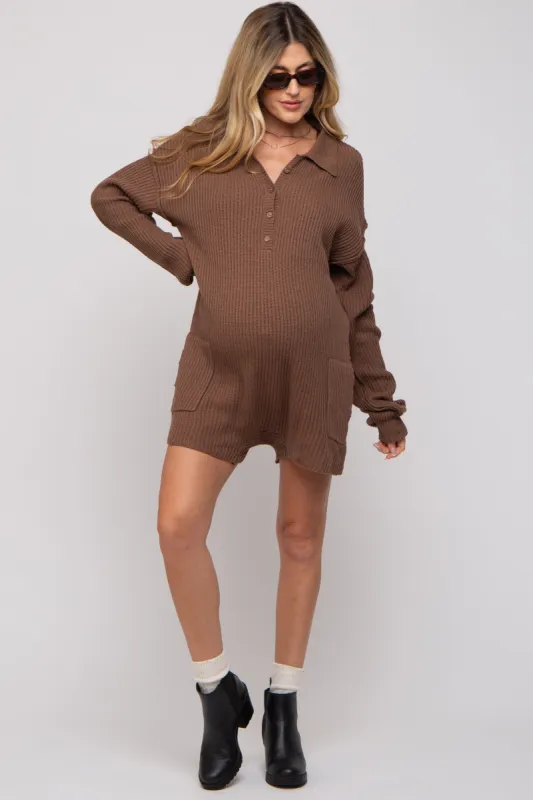 Mocha Button Up Maternity Sweater Romper sold by Pinkblush