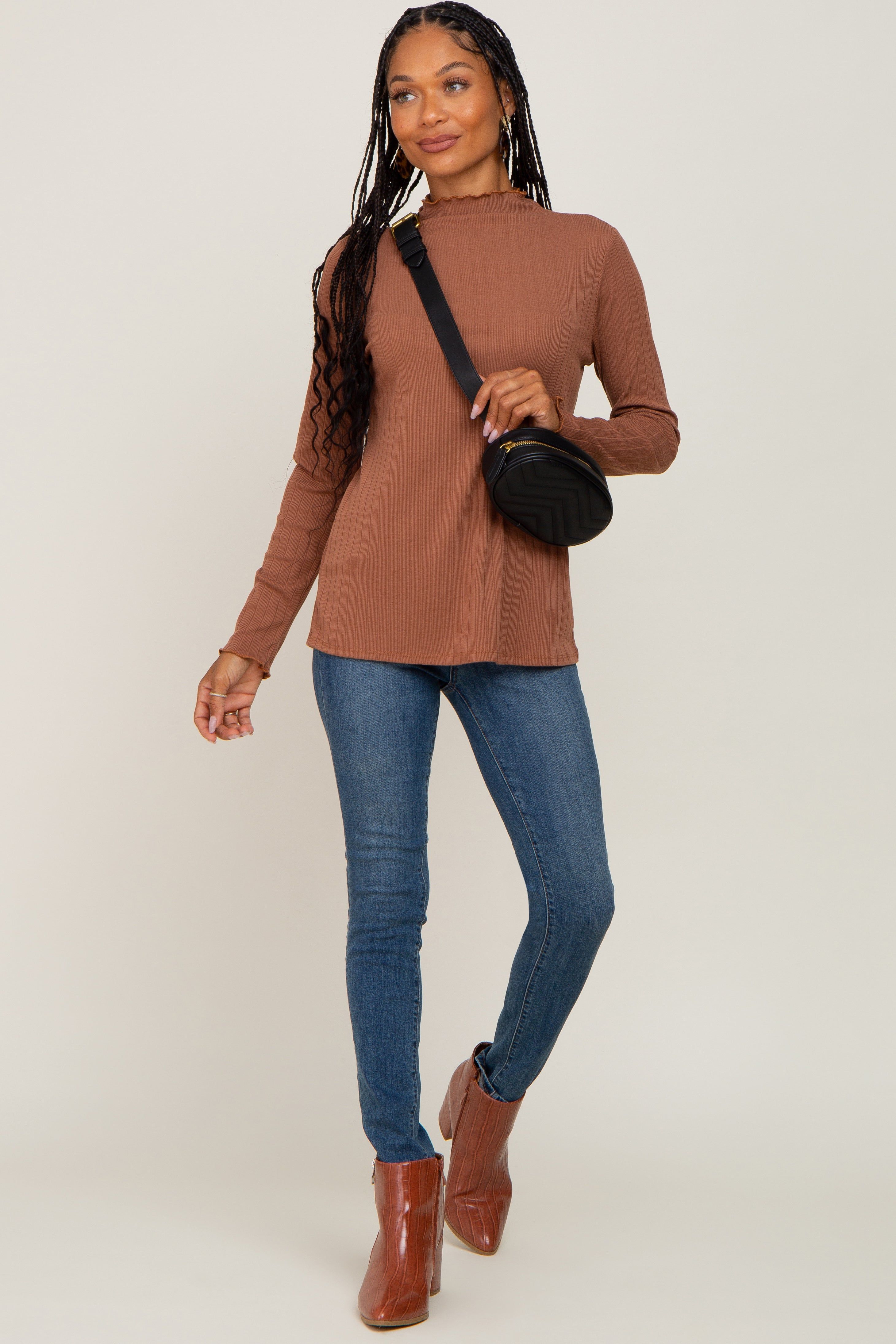 Camel Ribbed Long Sleeve Mock Neck Top sold by Pinkblush product image thumbnail 5