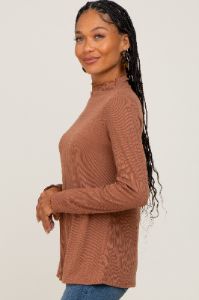 Camel Ribbed Long Sleeve Mock Neck Top sold by Pinkblush