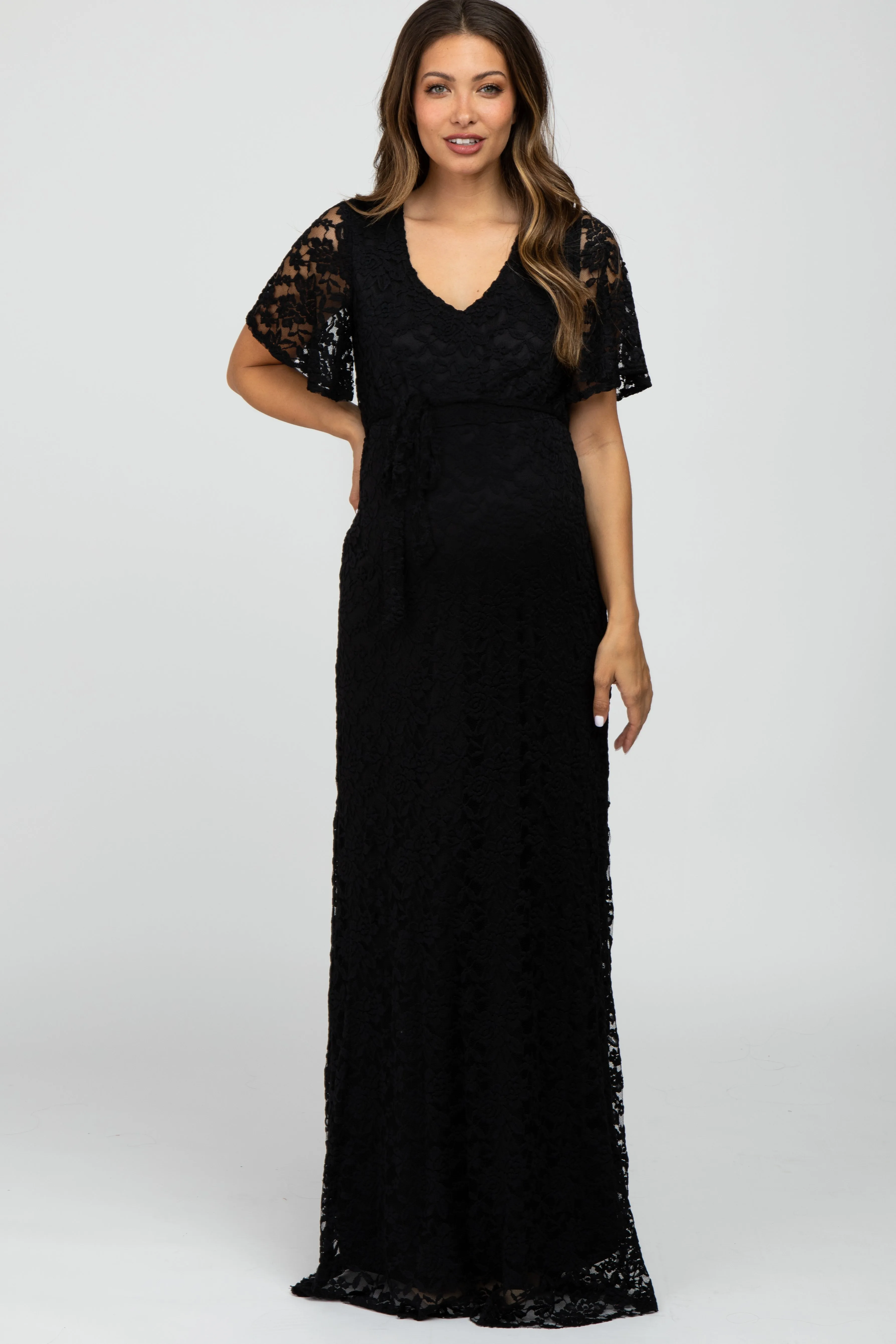 Black Lace Front Tie Maternity Maxi Dress sold by Pinkblush product image thumbnail 2