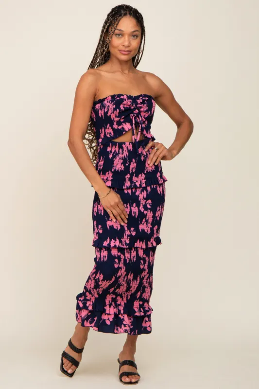 Navy Blue Floral Smocked Drawstring Front Cutout Ruffle Trim Midi Dress sold by Pinkblush