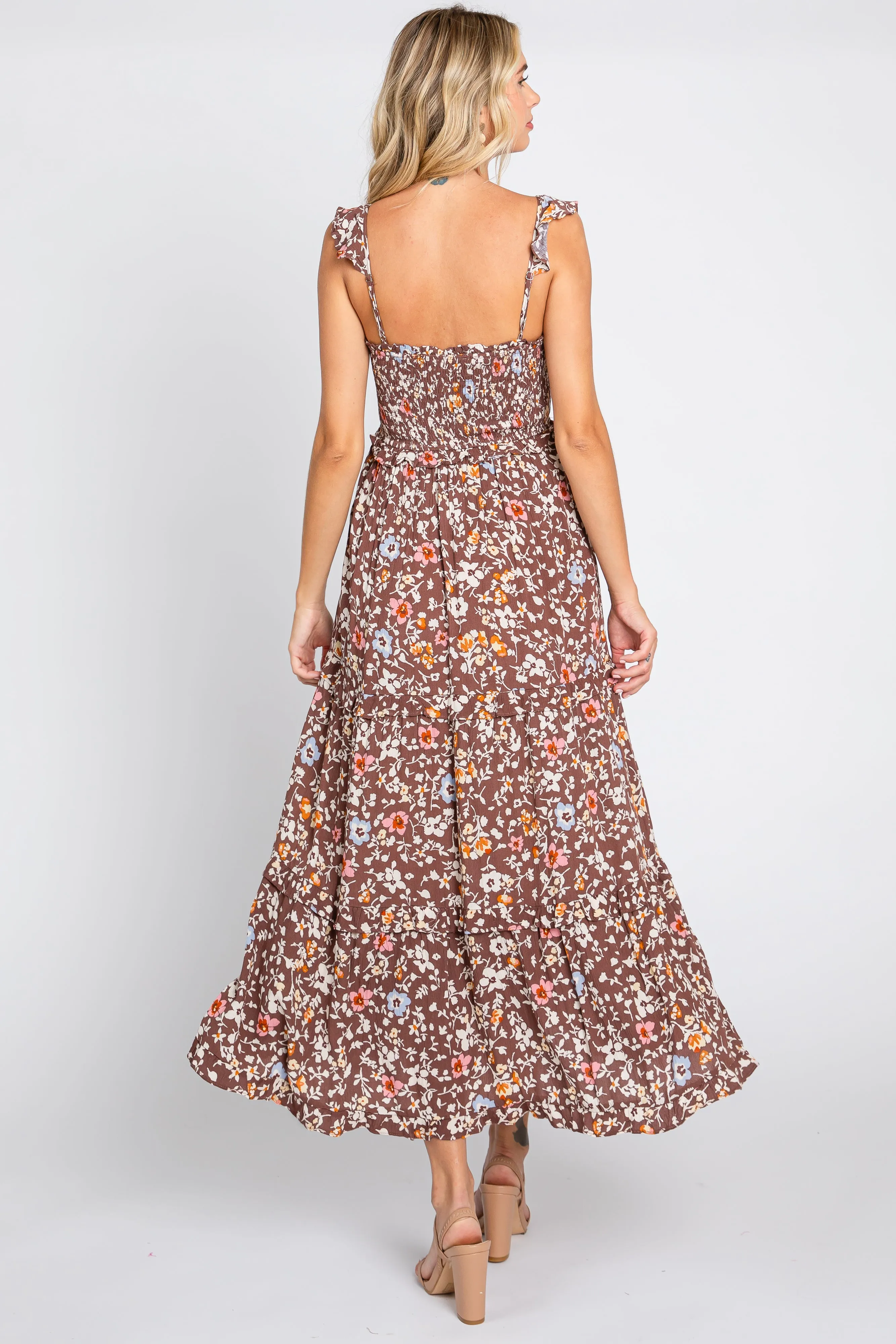 Brown Floral Cinched Tiered Midi Dress sold by Pinkblush product image thumbnail 3