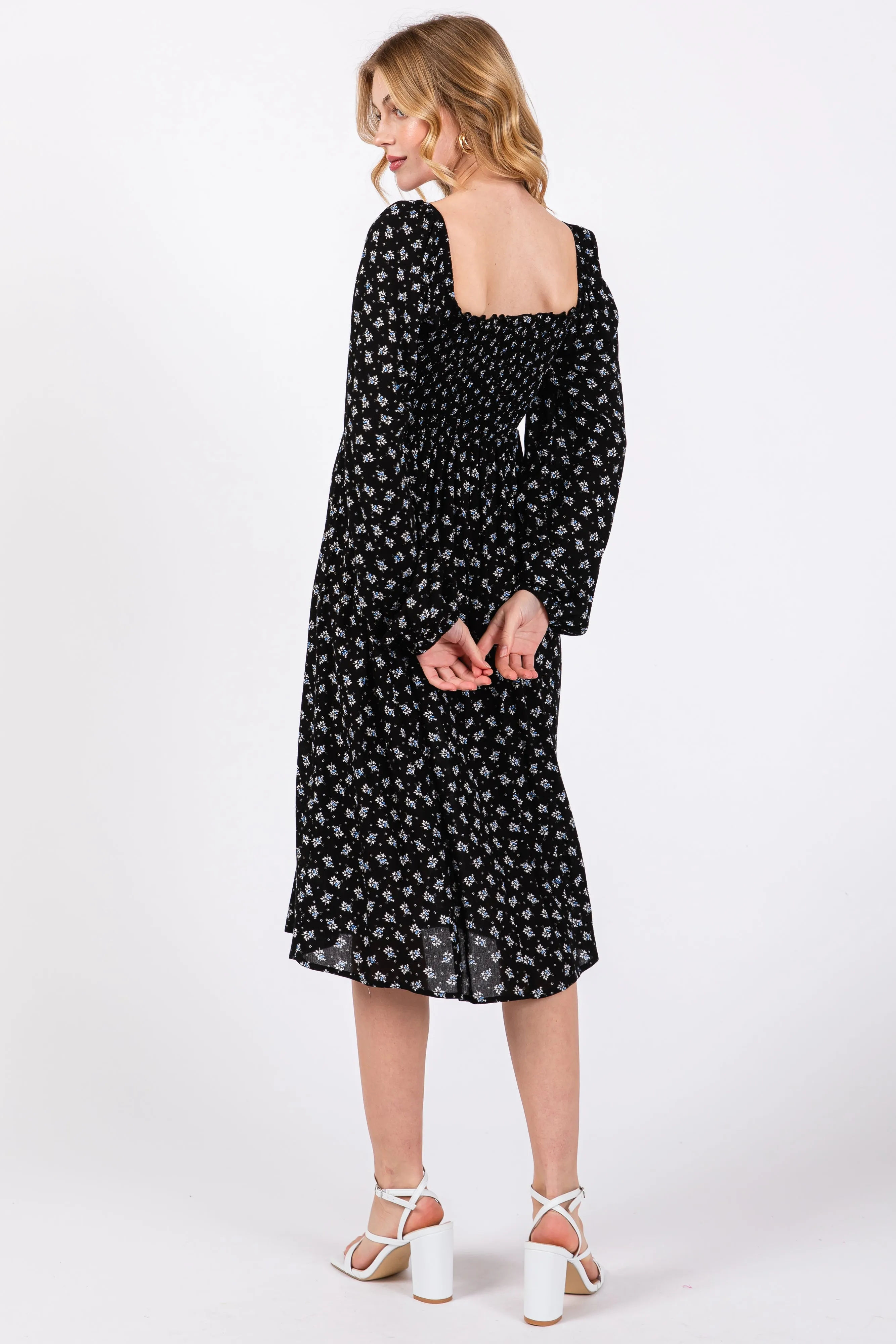 Black Floral Smocked Square Neck Midi Dress sold by Pinkblush product image thumbnail 3