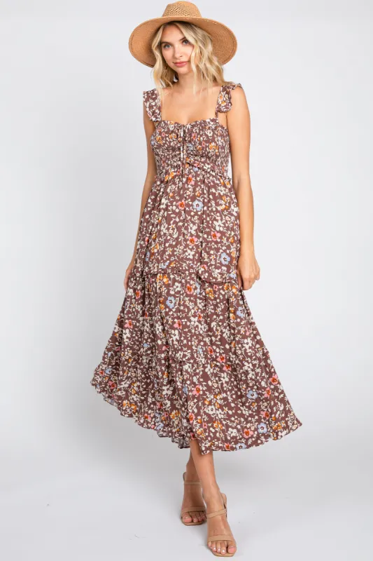 Brown Floral Cinched Tiered Midi Dress sold by Pinkblush