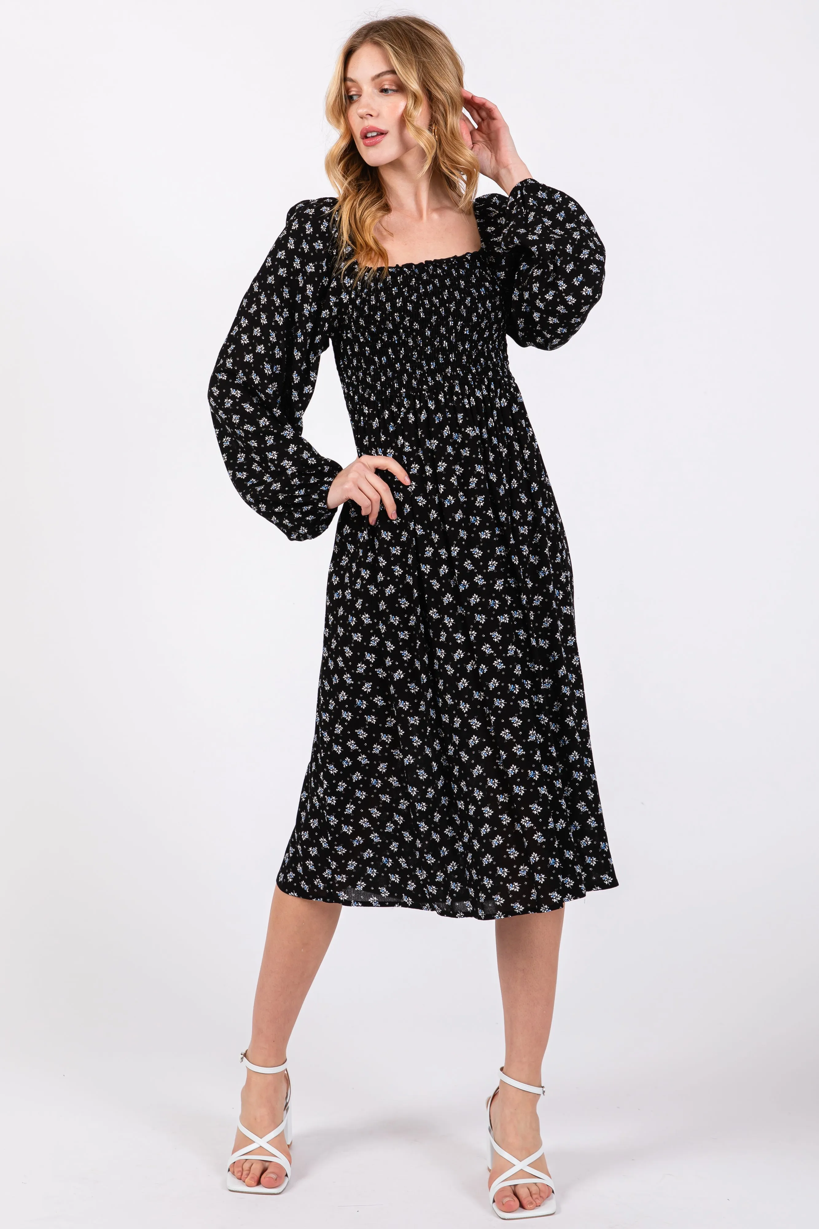 Black Floral Smocked Square Neck Midi Dress sold by Pinkblush