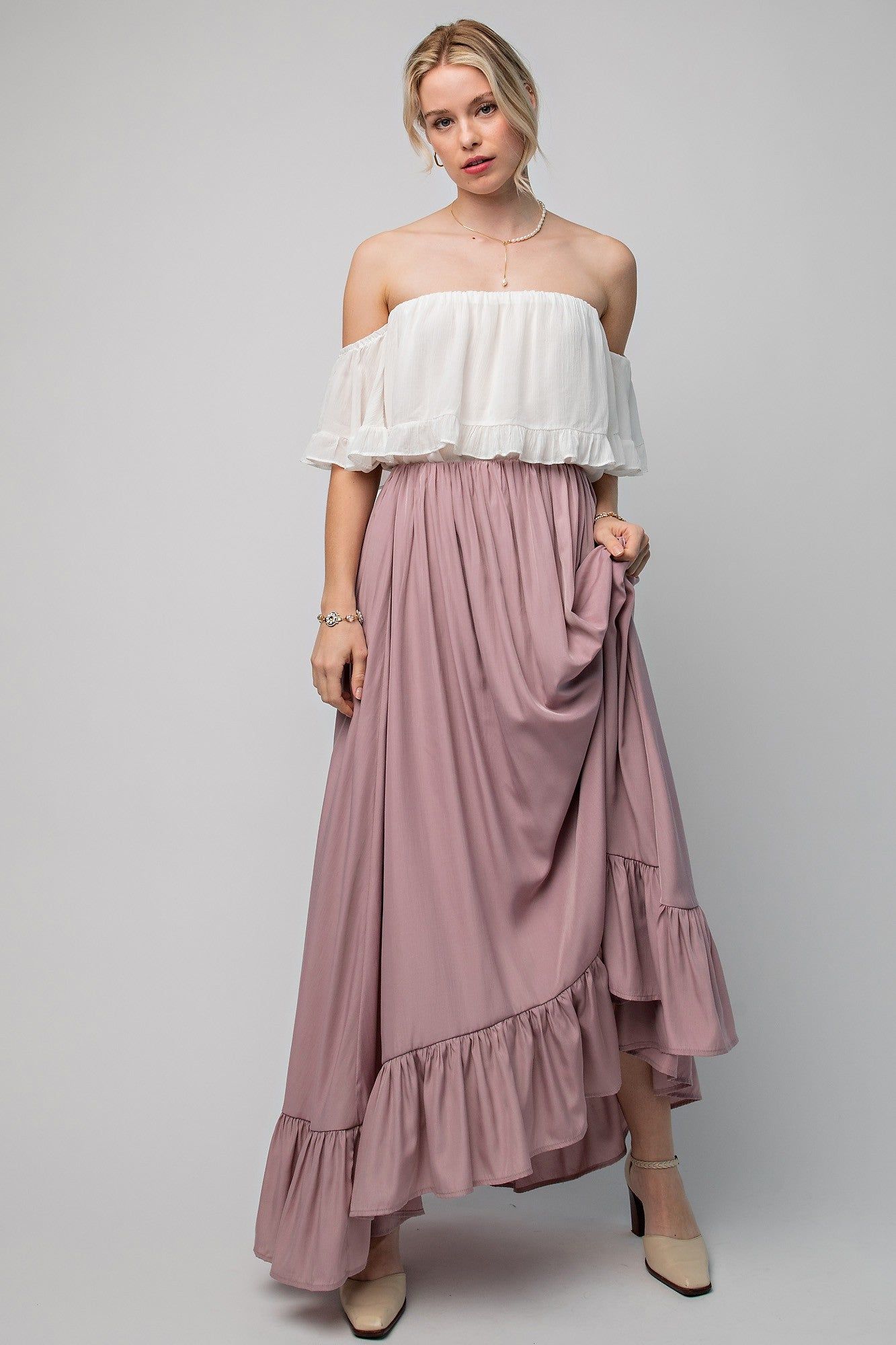 Mauve Ruffle Hem Maxi Skirt sold by Pinkblush