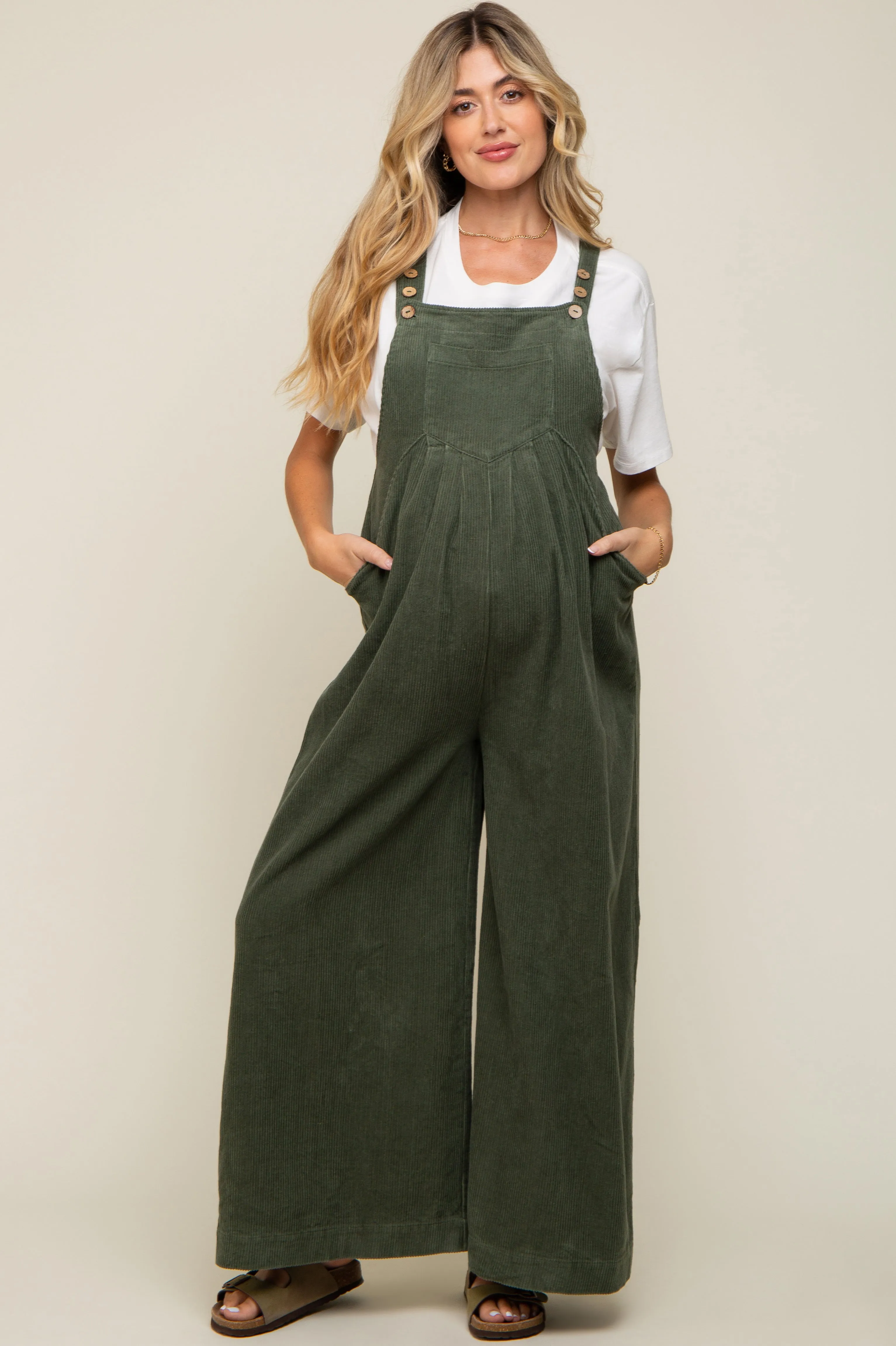 Olive Corduroy Front Pleated Wide Leg Maternity Overalls sold by Pinkblush