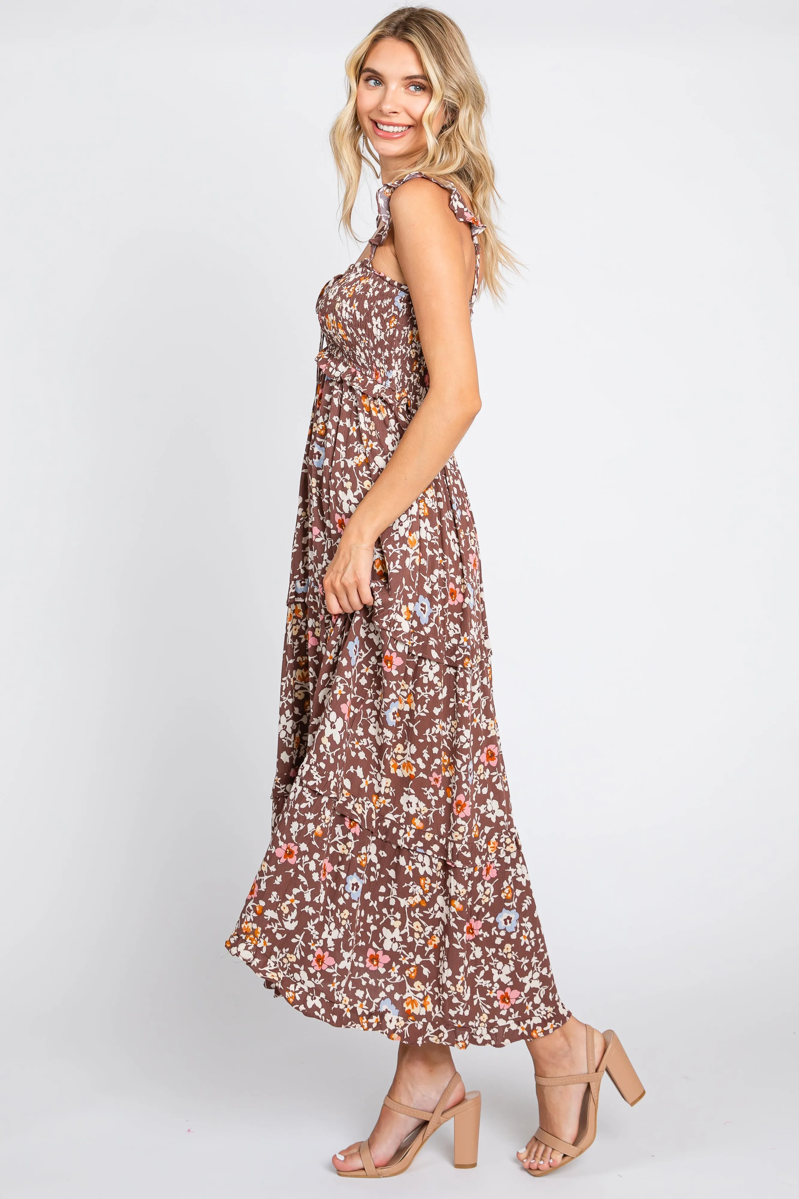 Brown Floral Cinched Tiered Midi Dress sold by Pinkblush product image thumbnail 2