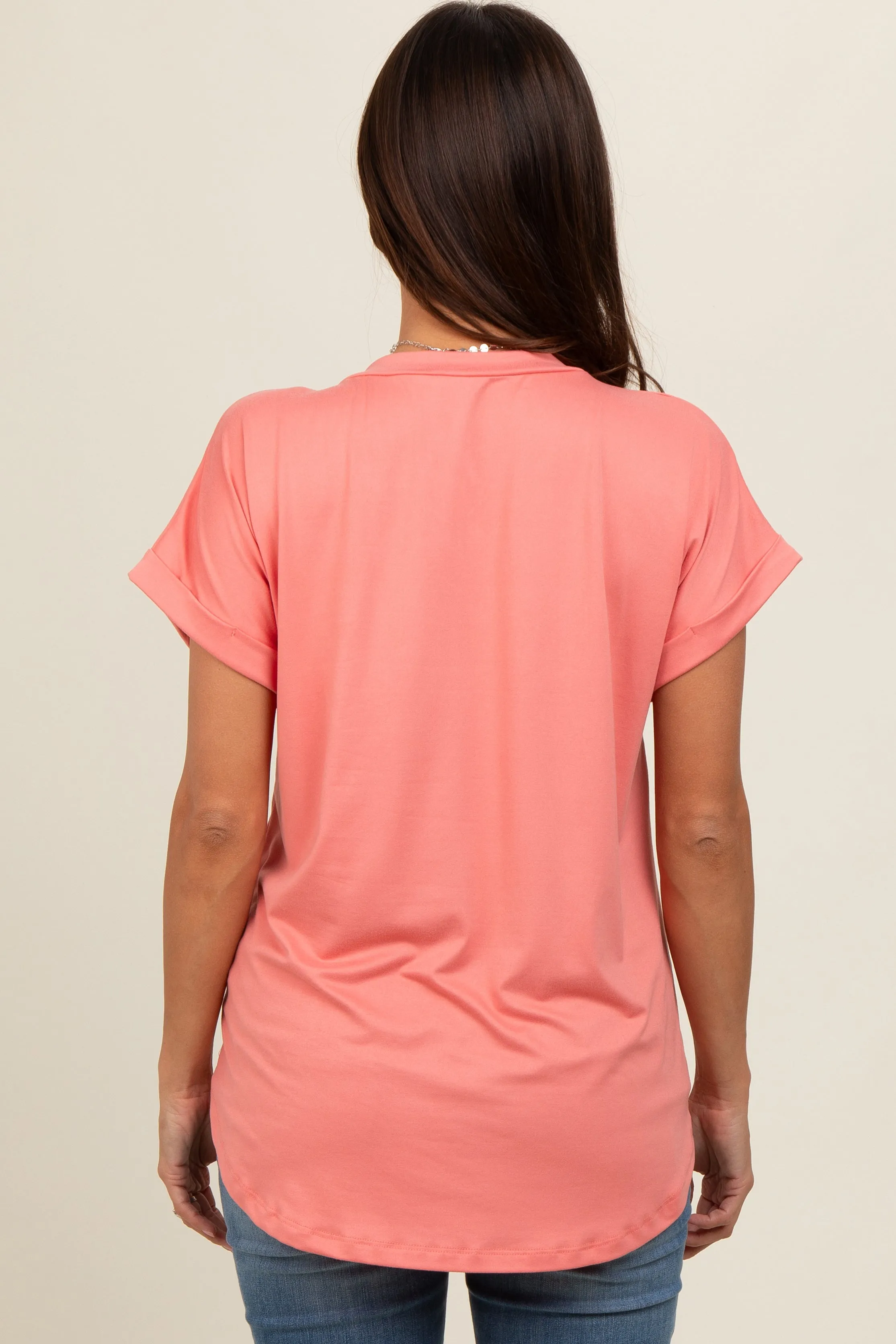 Coral V-Neck Pocket Short Sleeve Maternity Shirt sold by Pinkblush product image thumbnail 2