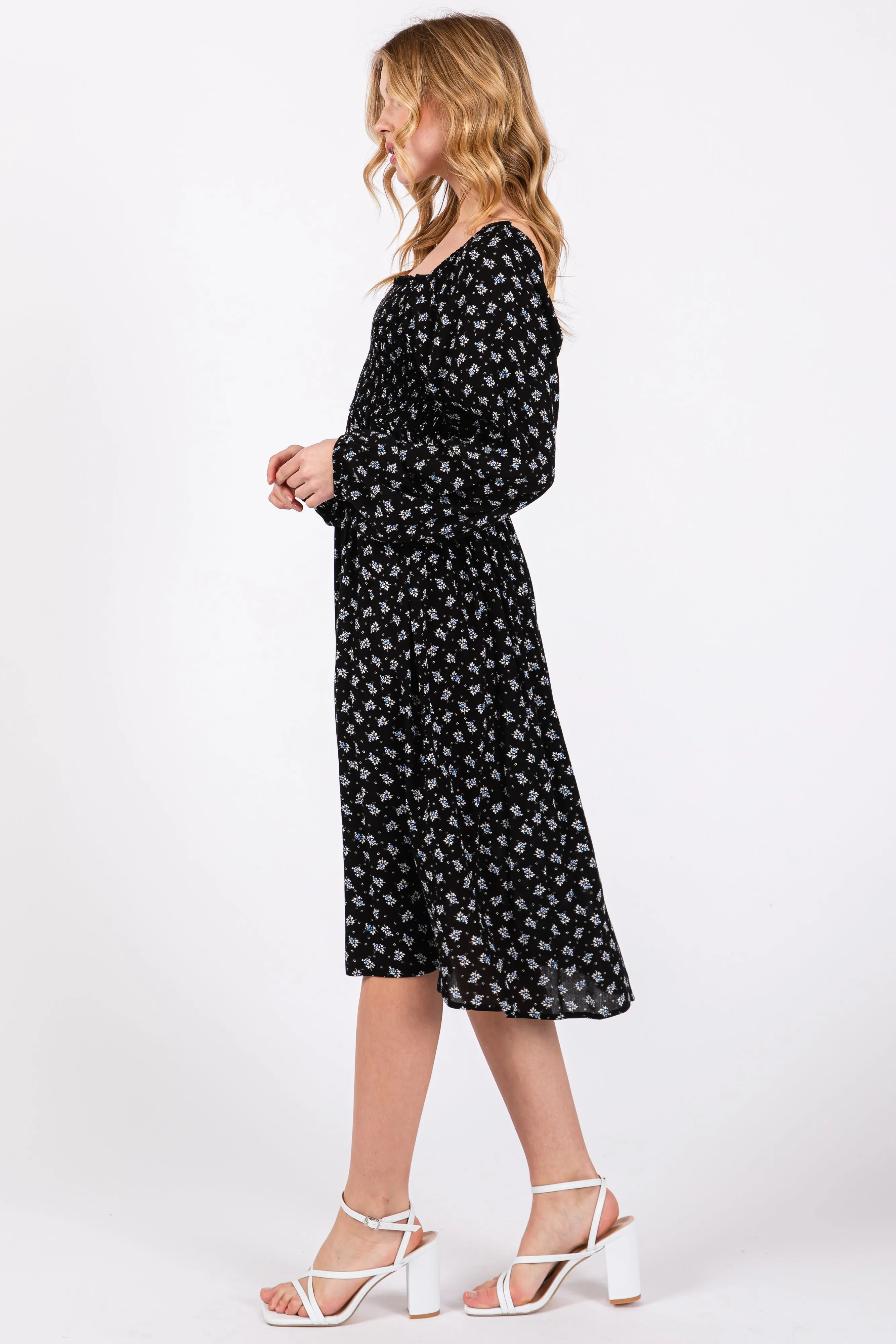 Black Floral Smocked Square Neck Midi Dress sold by Pinkblush product image thumbnail 2