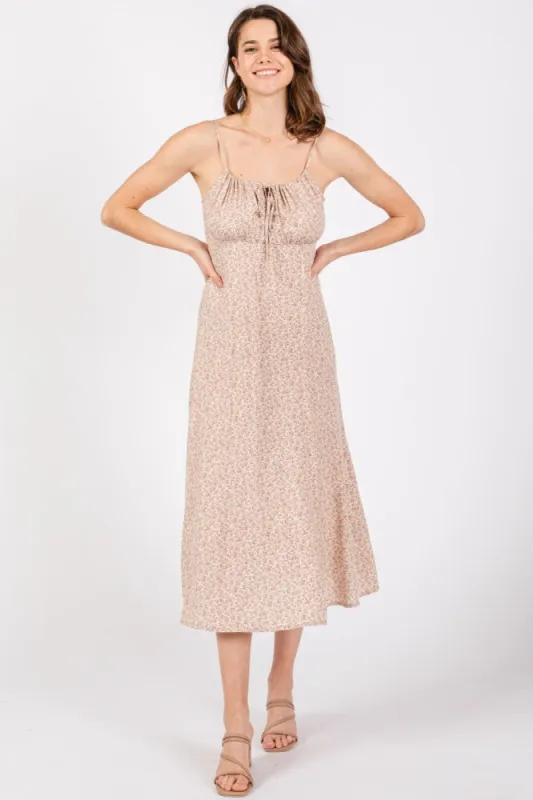 Beige Ditsy Floral Side Slit Midi Dress sold by Pinkblush