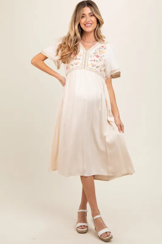 Cream Short Sleeve V-Neck Maternity Midi Dress sold by Pinkblush