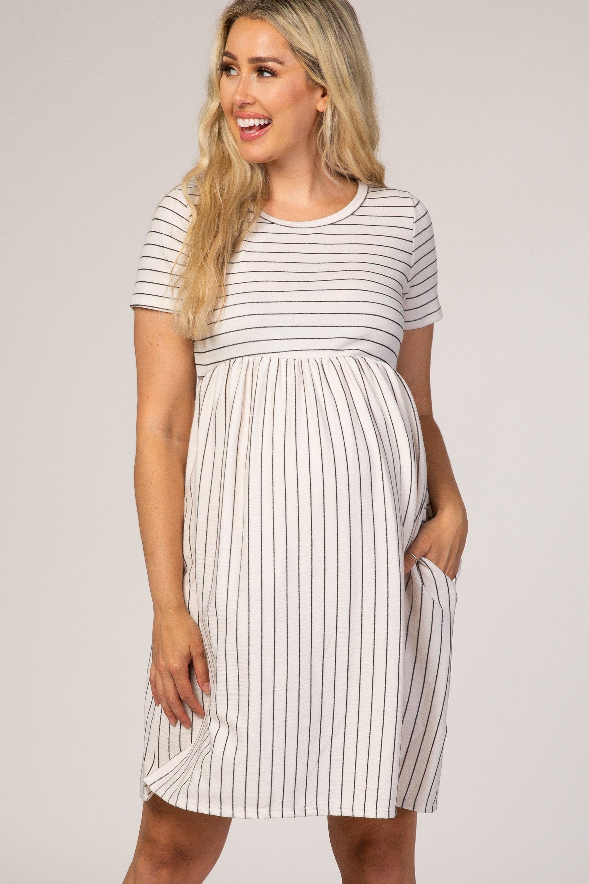 White Striped Maternity Babydoll Dress sold by Pinkblush product image thumbnail 2