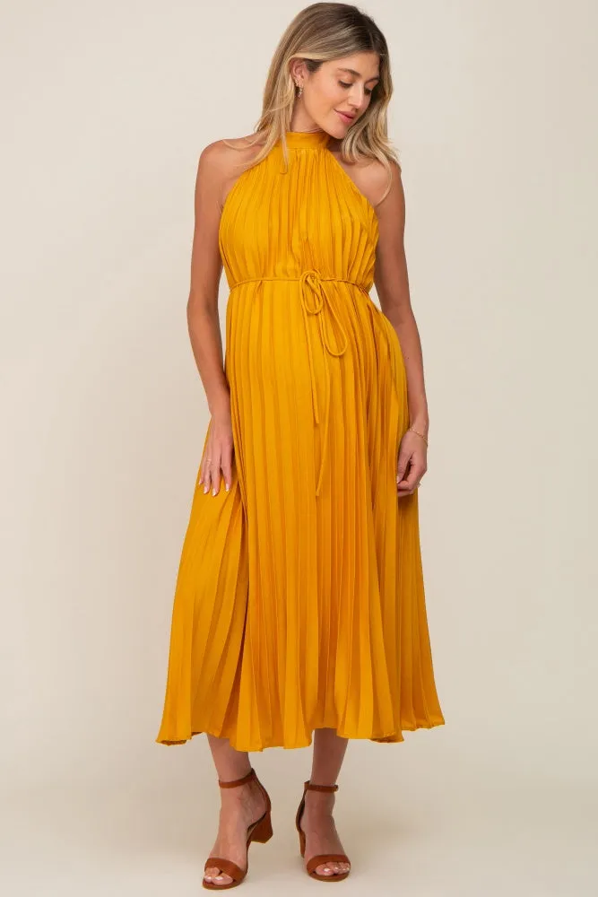 Yellow Pleated Maternity Halter Dress sold by Pinkblush