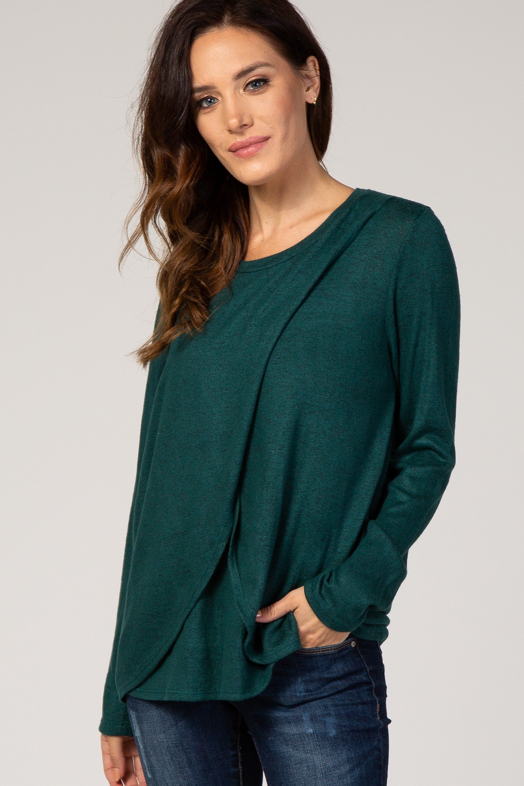 PinkBlush Forest Green Long Sleeve Wrap Nursing Top sold by Pinkblush